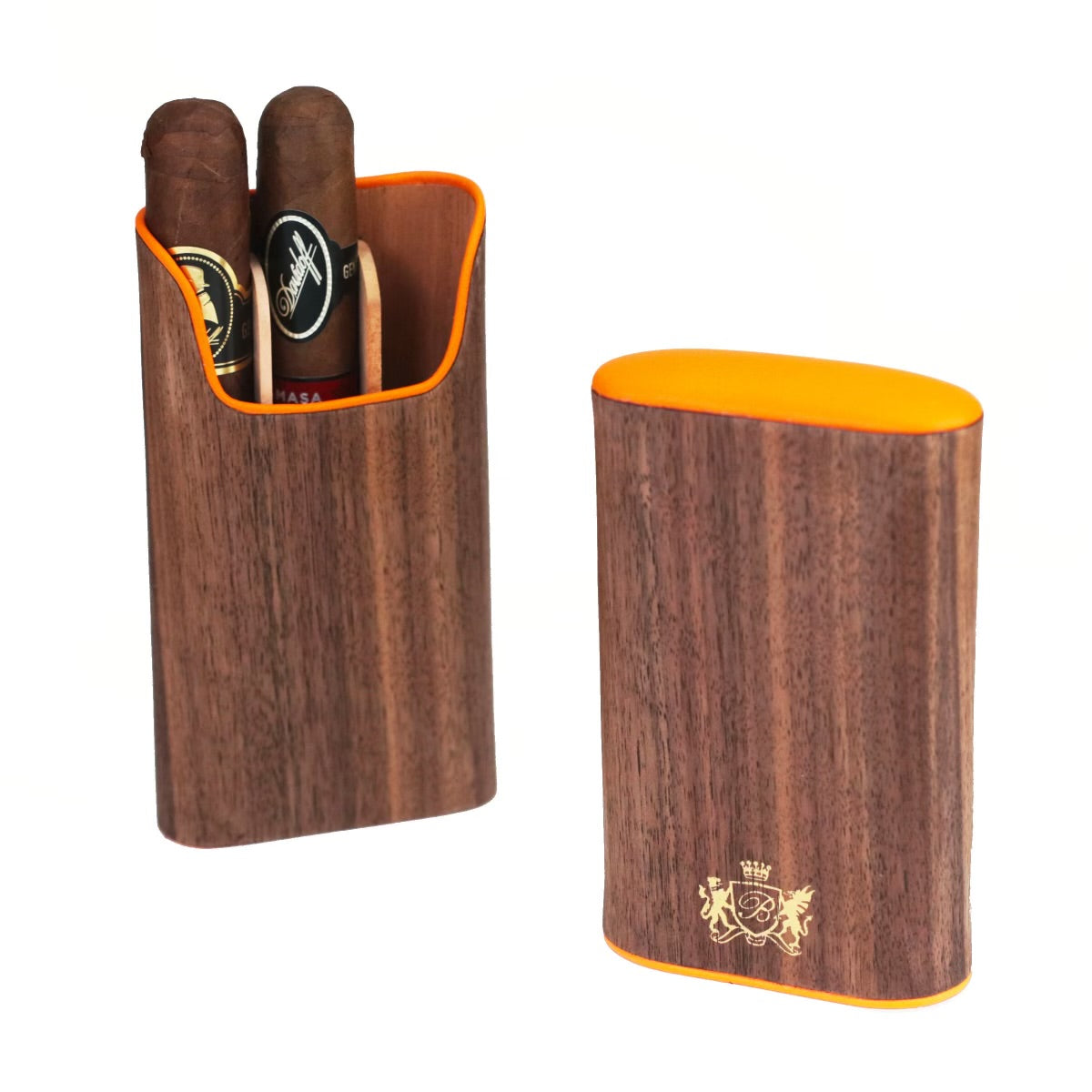 Brizard & Co Showband 3 Curly Walnut & Racing Orange Cigar Case - Premium Wooden Cigar Holder for Travel, Gifts & Humidor Storage | Luxury Cigar Accessories for Men