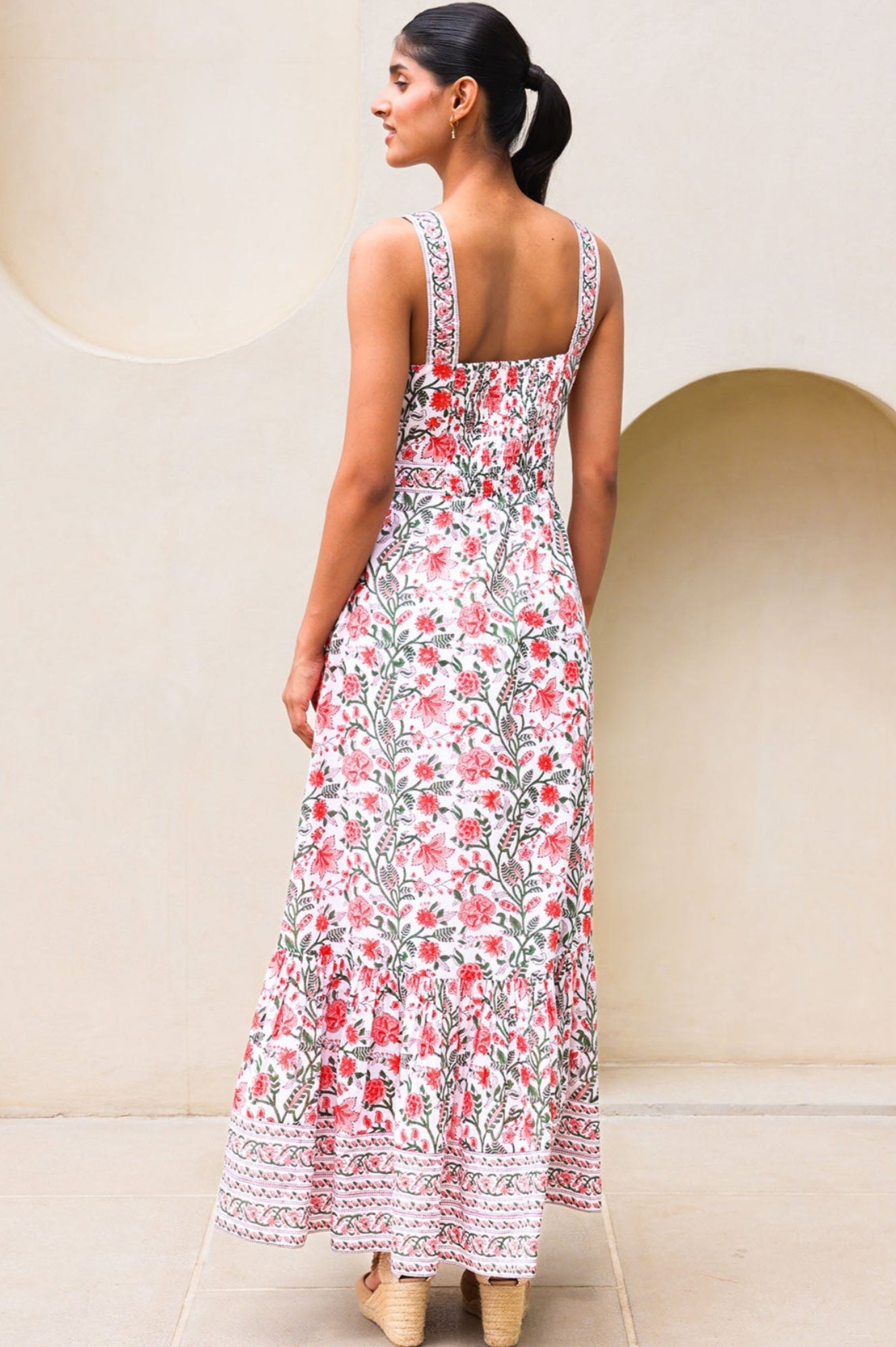Aurelia Organic Cotton Block Print Dress - Gardenia Pink & Green Floral | Boho Summer Dress for Women | Perfect for Beach, Vacation & Casual Outings