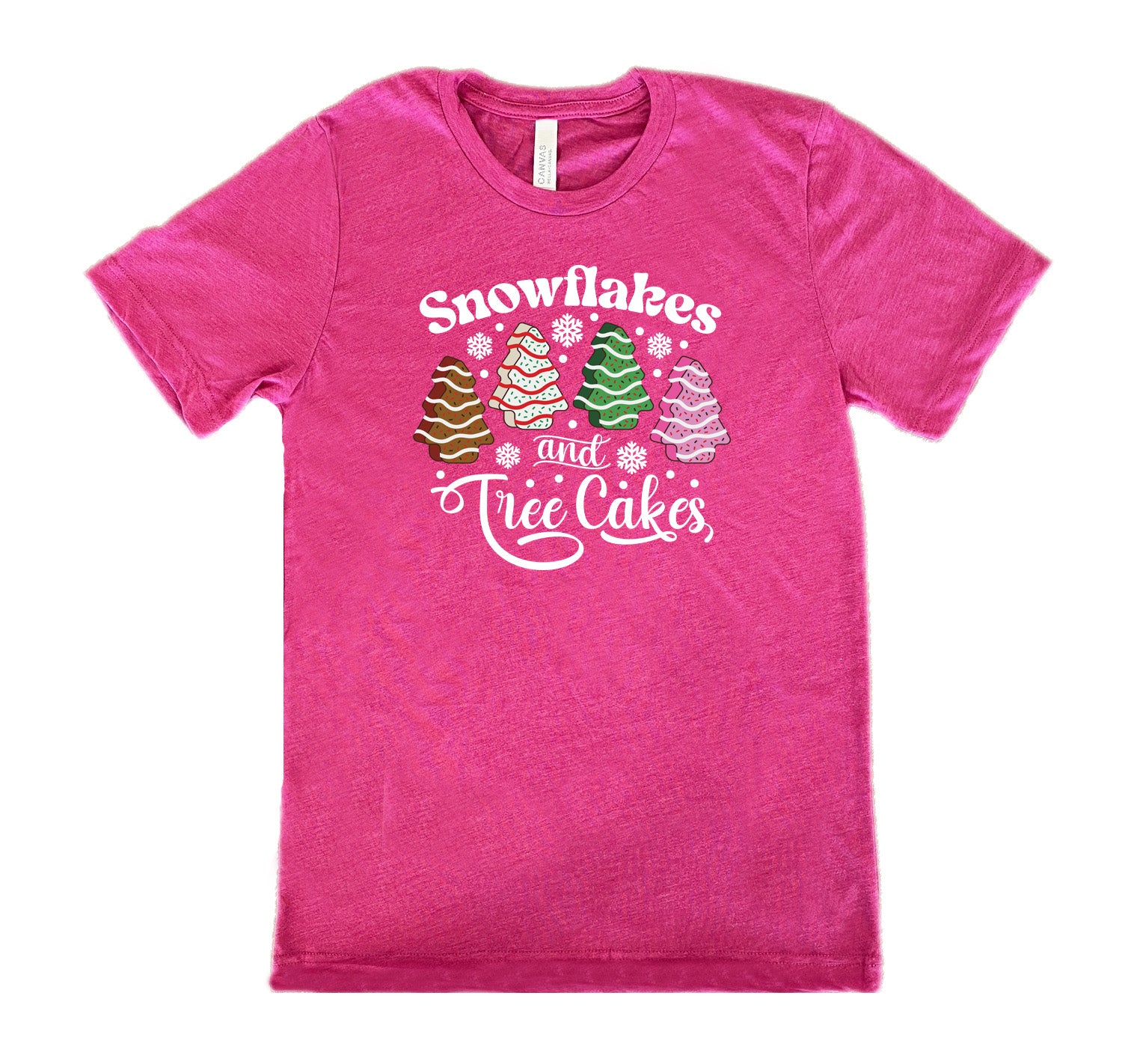 Snowflakes & Tree Cakes Graphic T-Shirt - Unisex Holiday Christmas Sweets Lover Tee - Perfect for Xmas Parties & Winter Festivals