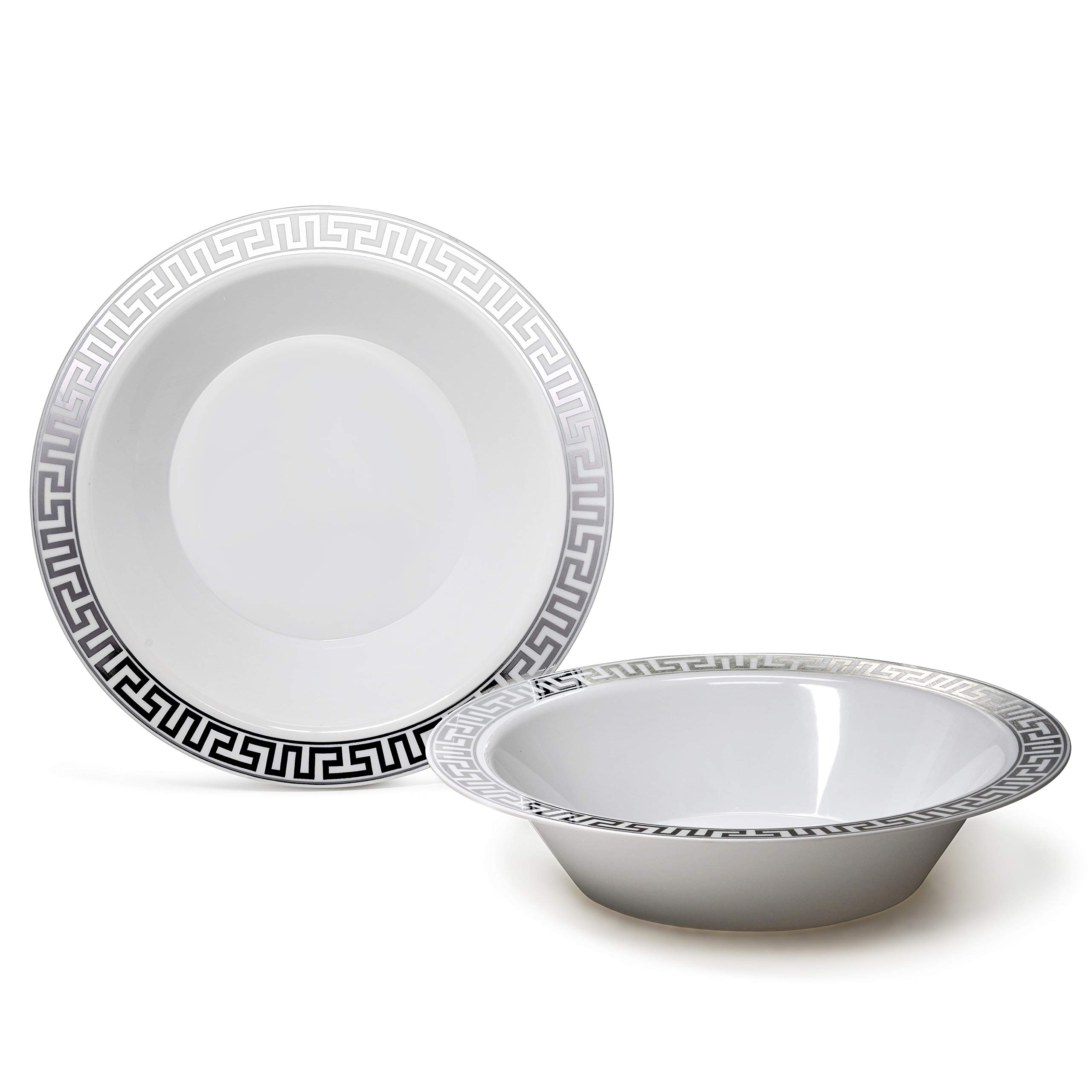 60-Piece Heavyweight Disposable Plastic Plates & Bowls Set - 14oz Soup Bowls for Wedding, Party & Events (Milano White & Silver) - Perfect for Catering, Picnics & Large Gatherings