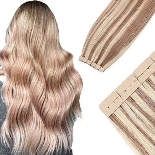 Benehair Tape-in Hair Extensions 20pcs - 100% Human Hair, Balayage Golden Brown to Bleach Blonde Highlights, 50g/pack, Seamless Skin Weft, Straight Natural Hair (#12P613, 16
