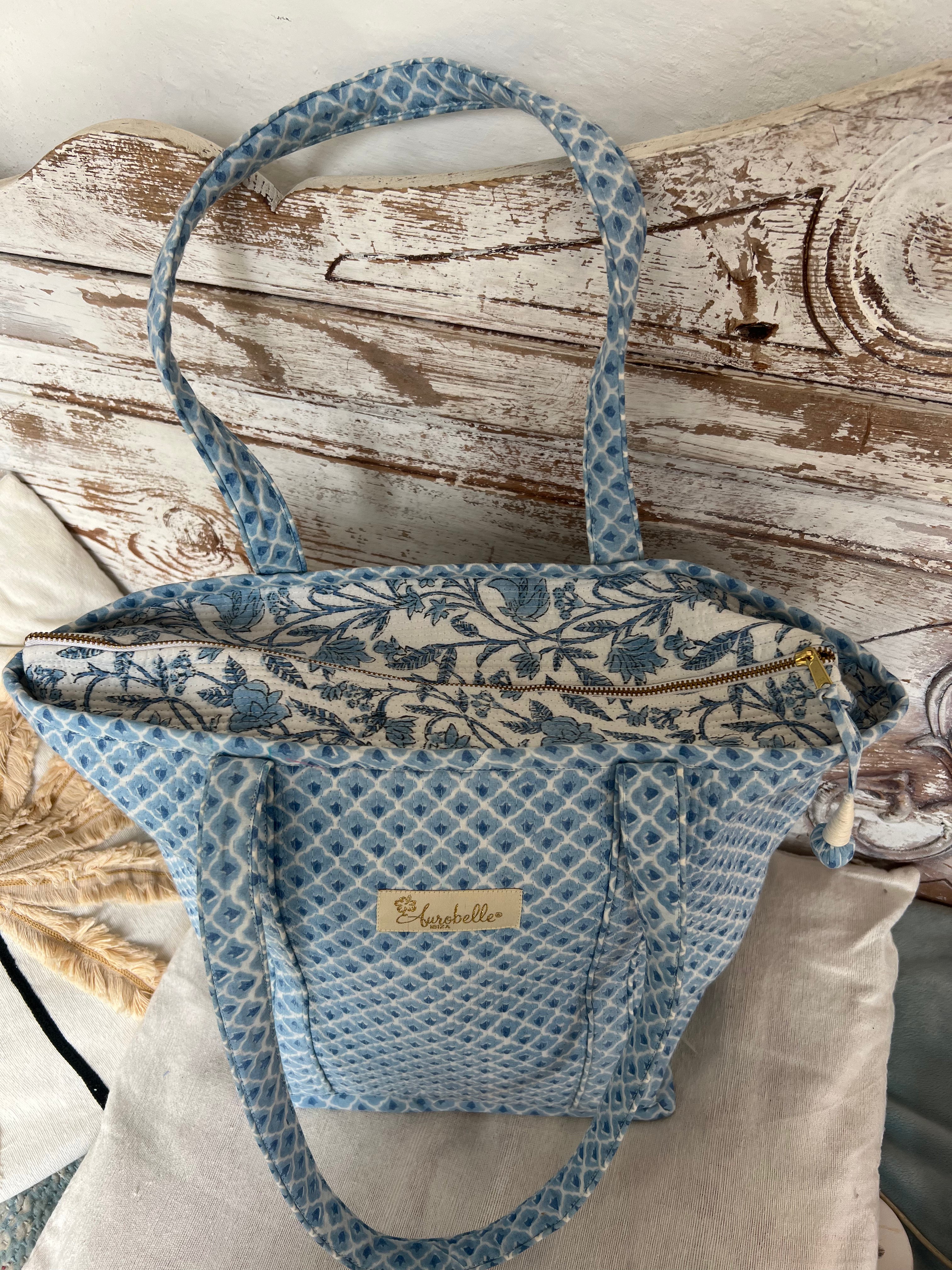 Brigitte Large Quilted Cotton Tote Bag - Blue Block Print Boho Shoulder Bag | Handmade Beach & Travel Tote | Perfect for Shopping, Work & Vacation Essentials