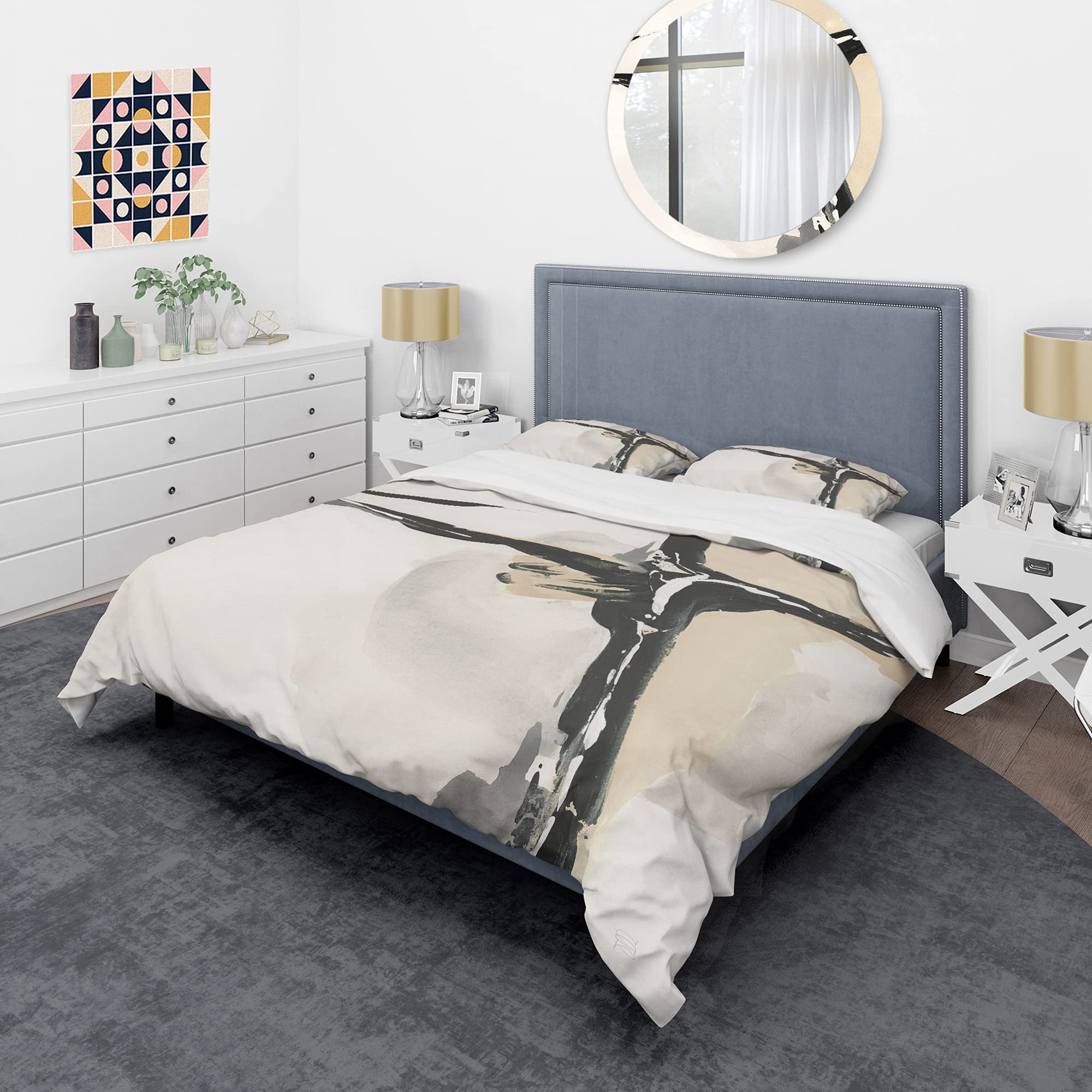 Modern Abstract Duvet Cover Set King - Creamy Tan & Black for Contemporary Bedrooms