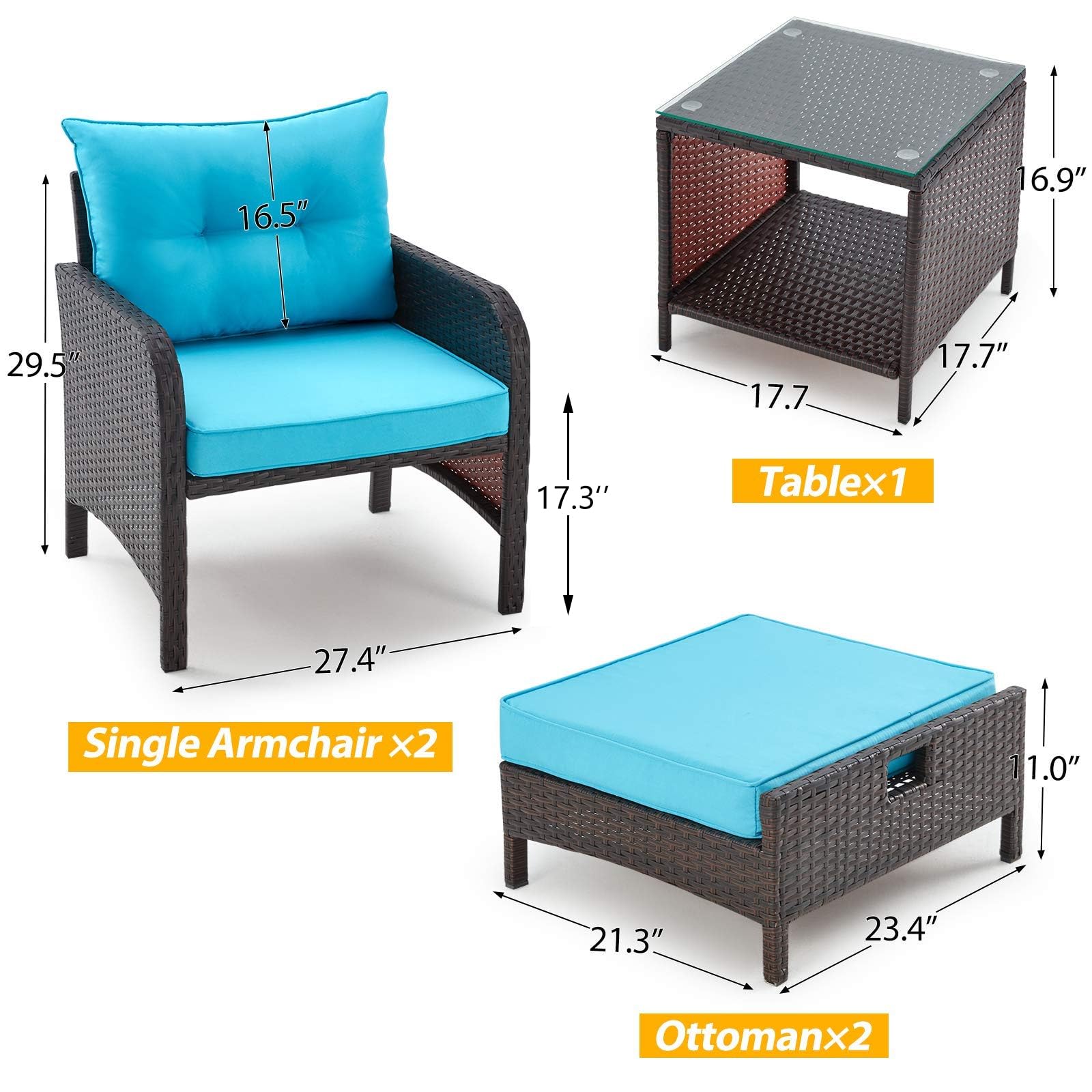 AVAWING 5-Piece Outdoor Patio Furniture Set - Rattan Wicker Chairs with Tempered Glass Coffee Table, Ottomans & Soft Cushions - Weather-Resistant Garden, Porch, Deck, Balcony Conversation Set (Blue) - Perfect for Backyard Relaxation, Poolside Lounging & Outdoor Entertaining