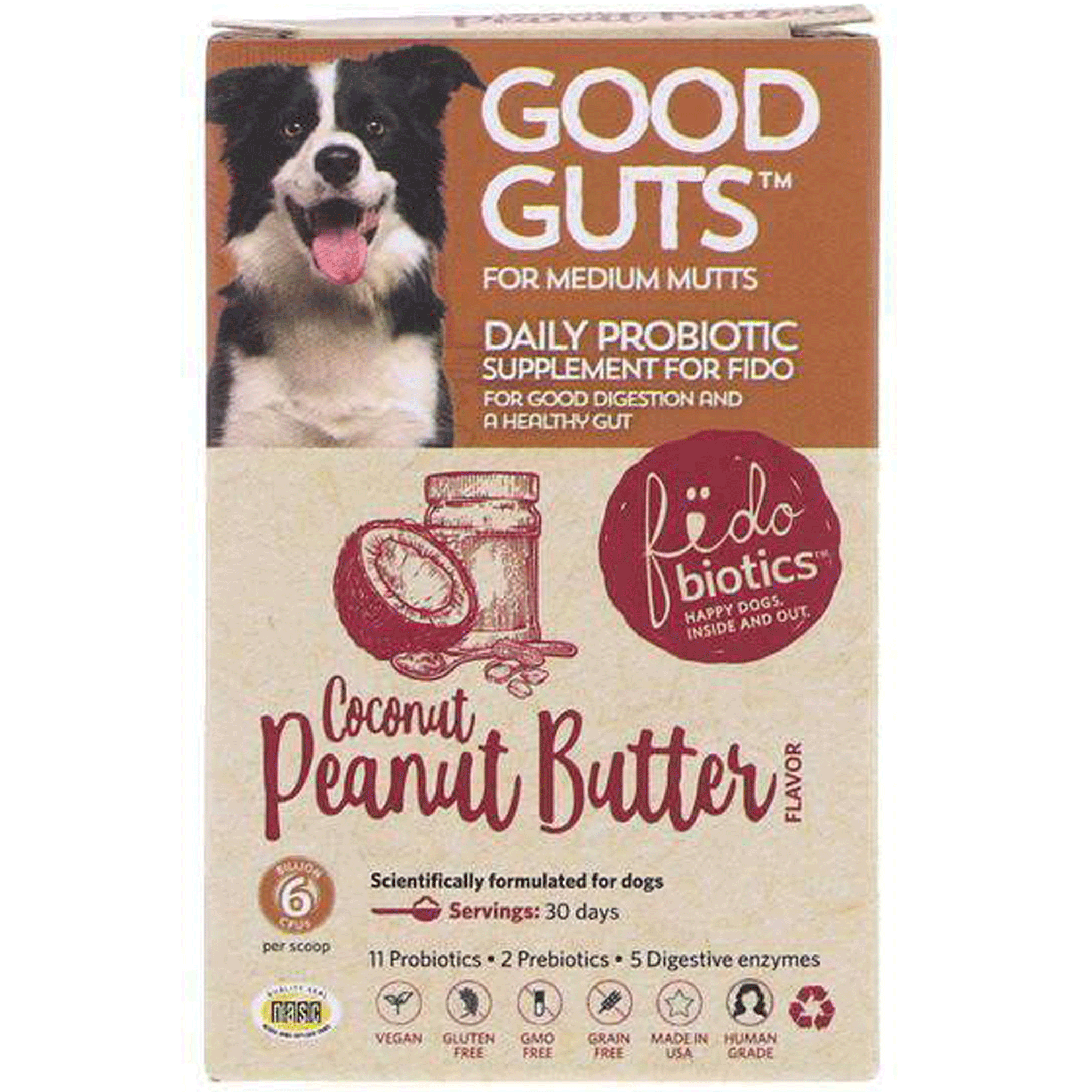 Fidobiotics Good Guts Medium Mutts Coconut Peanut Butter Dog Supplements - Probiotic Chews for Digestive Health & Immune Support - Perfect for Medium Dogs with Sensitive Stomachs