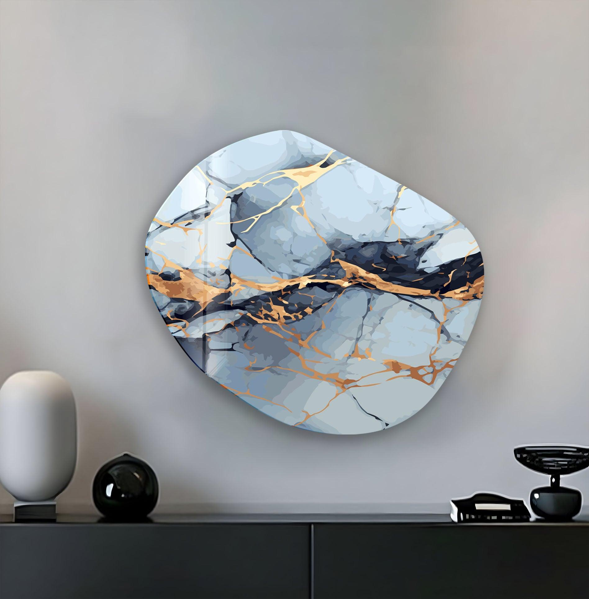 Blue & Gold Marble Oval Glass Wall Art - Elegant Home Decor for Living Room, Bedroom, Office - Perfect for Modern & Luxury Interior Design