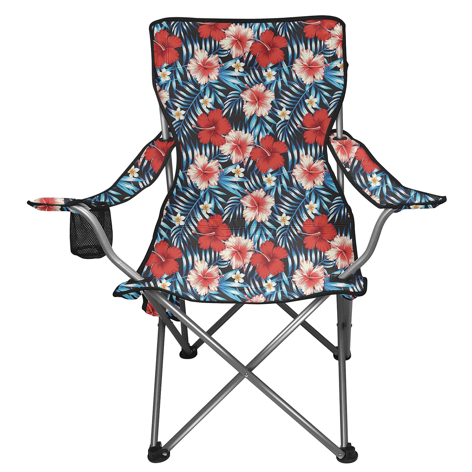 JoyLamoria Red Flower Folding Camping Chair with Pockets - Waterproof Beach Chair for Outdoor, Picnic, Travel & Backyard - Portable & Easy Clean Lightweight Lawn Chair for Adults