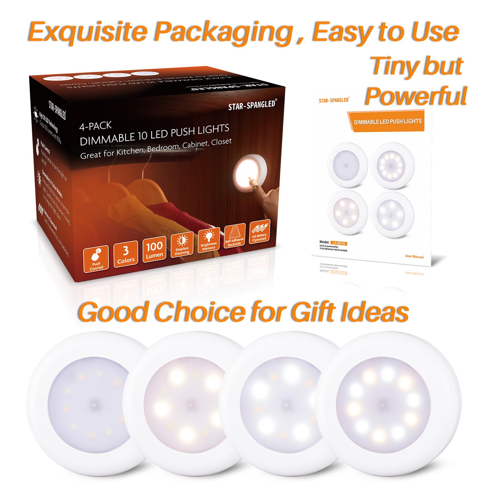 STAR-SPANGLED 4 Pack 3.1” Dimmable Push Tap LED Lights - AA Battery Operated Stick-On Puck Lights with 3 Color Modes - Perfect for Classroom, Kitchen, Under Cabinet, Closet, Nursery & Stairway Lighting