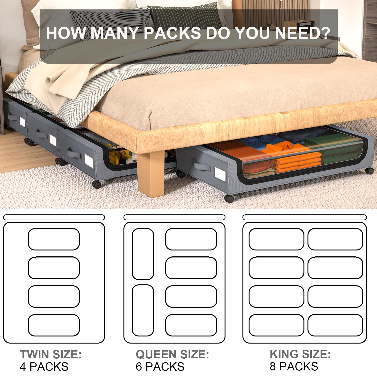 GoMaihe Under Bed Storage with Wheels: XXL Underbed Storage Bins with Lids - Rolling Drawers for Shoes, Clothes & Bedding - Space-Saving Organizer for Dorm, Bedroom, Closet - Easy Pull-Out Grey 2-Pack - Perfect for Seasonal Storage & Small Space Organization