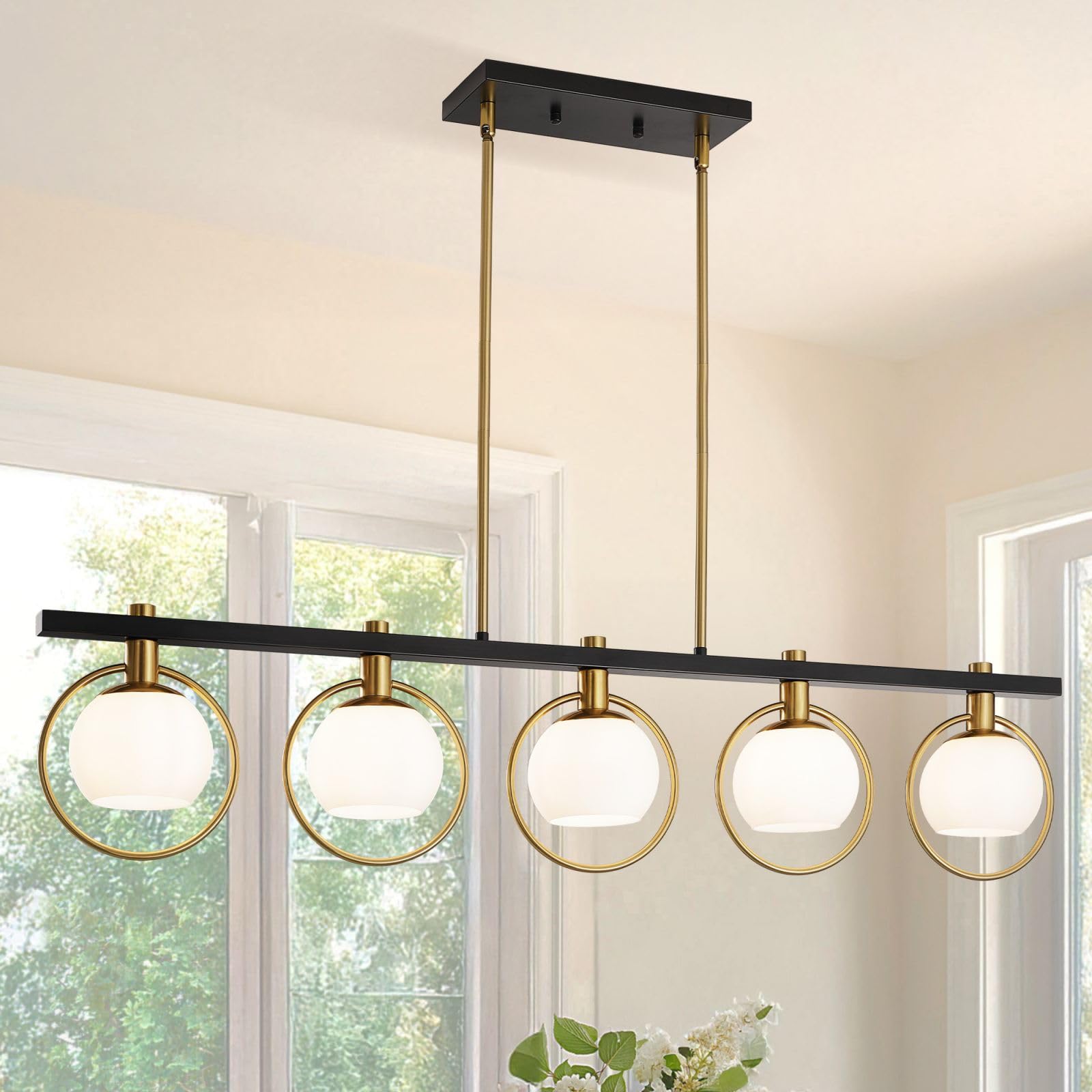 5-Light Black and Gold Farmhouse Linear Chandelier - Modern Kitchen Island Pendant Light with Glass Shade for Dining Room & Table Lighting | Perfect for Rustic Home Decor and Open Concept Spaces
