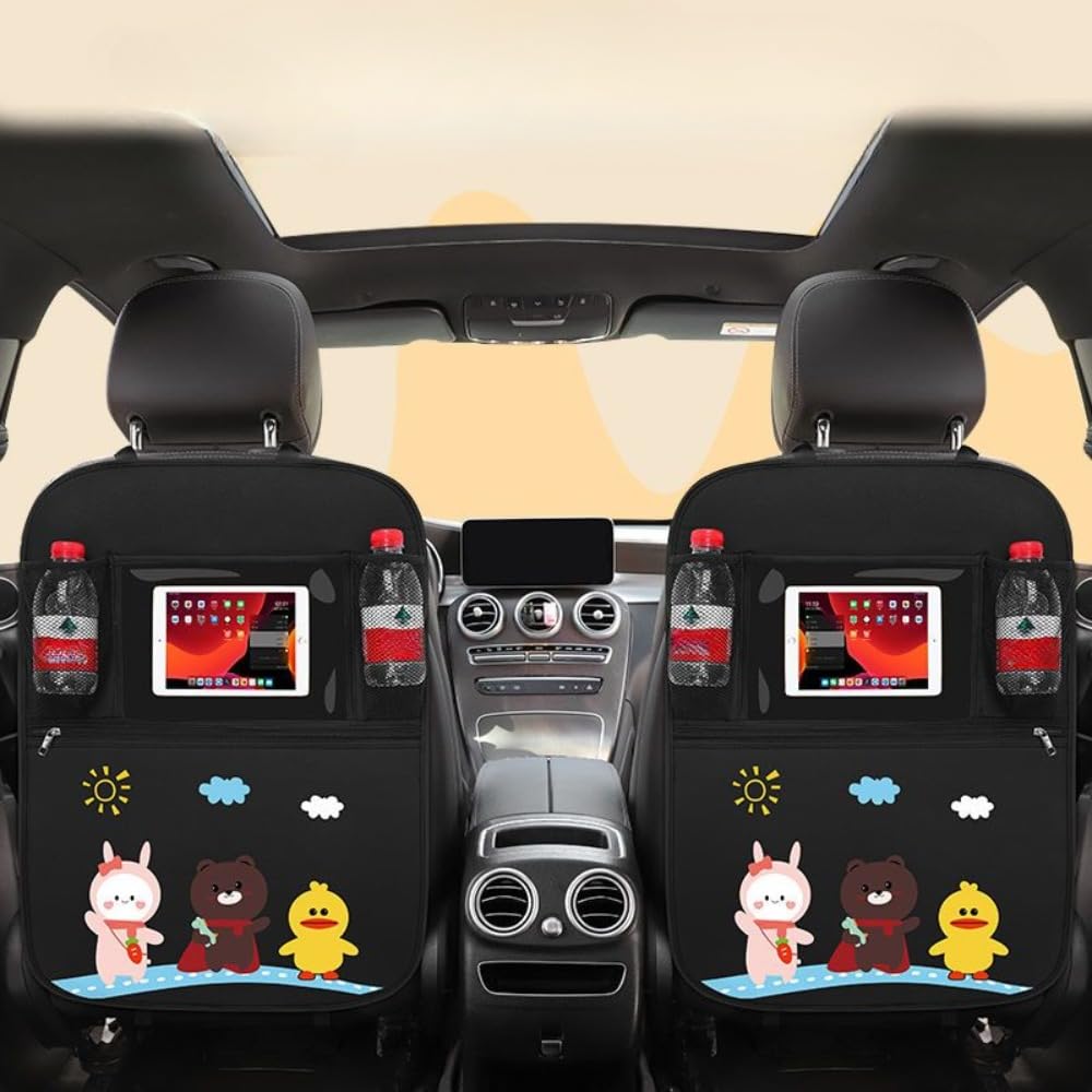Cartoon Animal Car Seat Kick Mat for Kids - 2 Pack Waterproof Back Seat Protector with Clear Pocket & Storage, Universal Fit for Cars, Trucks & SUVs - Durable, Easy to Clean - Perfect for Road Trips, School Runs & Family Travel