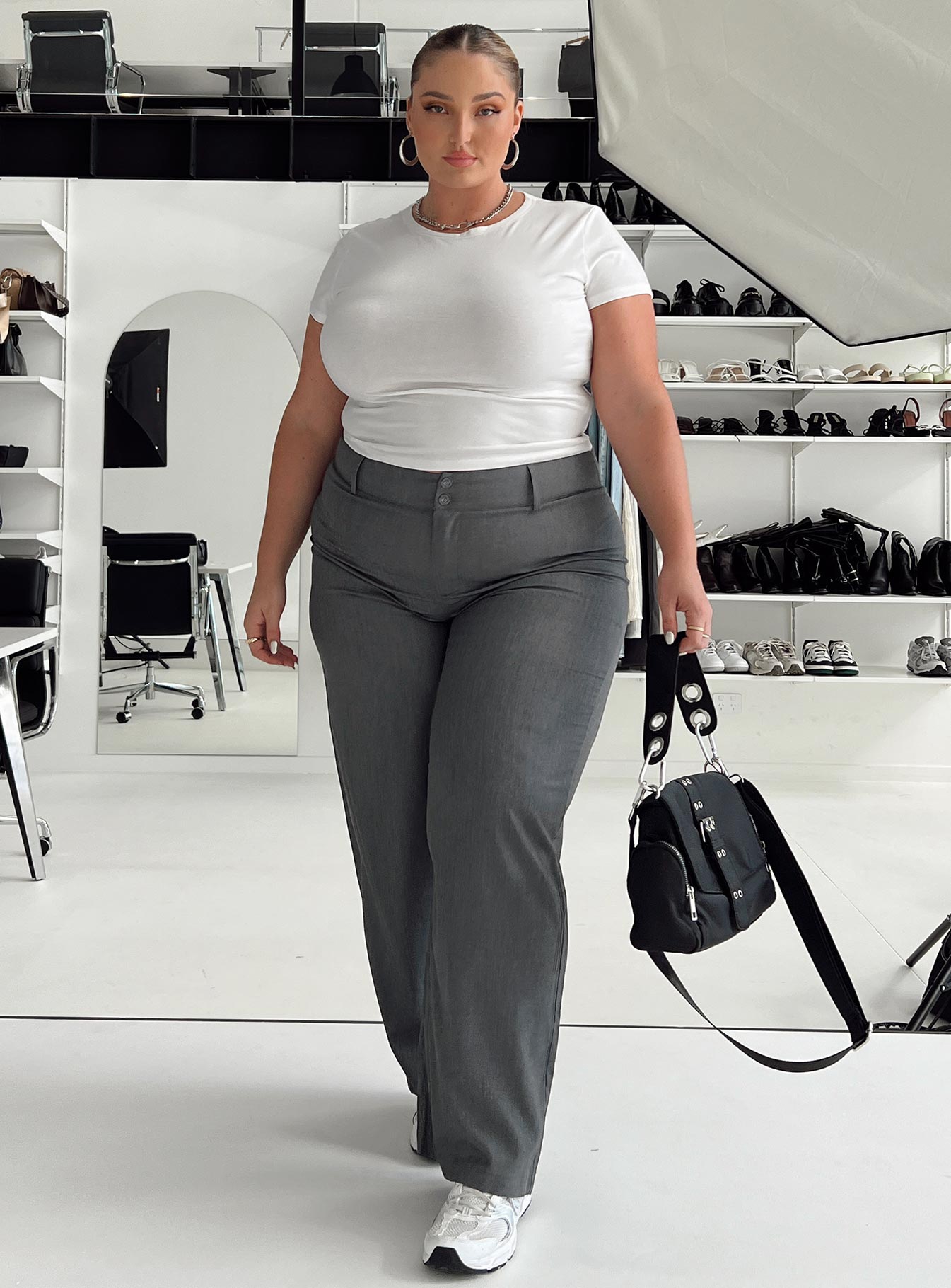 Alaina High Waisted Grey Curvy Pants for Women - Perfect for Work, Casual Wear & Date Night Outfits