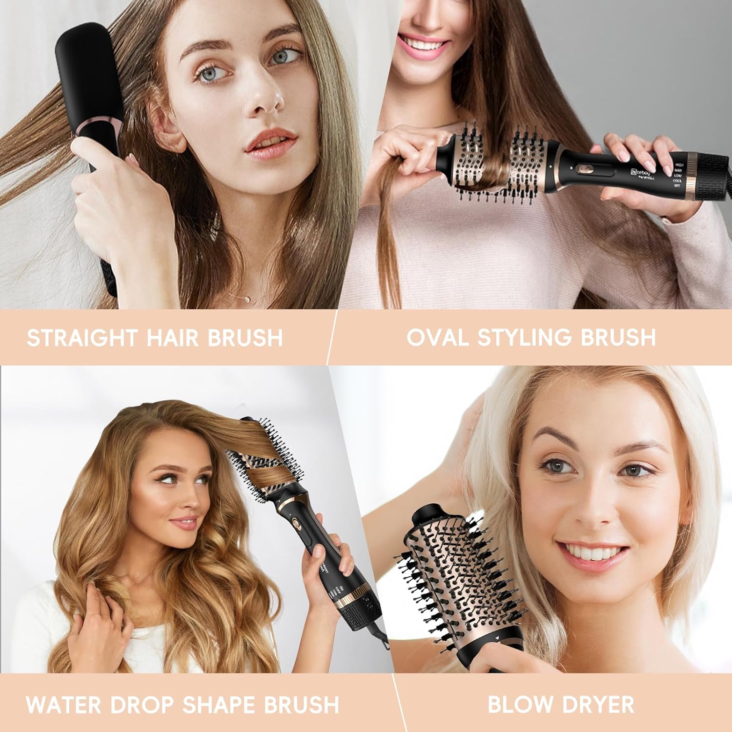 Nicebay 2-in-1 Hair Dryer Brush - Professional Blow Dryer & Styling Brush for Drying, Straightening, Curling & Volumizing Hair | Oval Hot Air Brush with 3 Attachments & Adjustable Temperature | Perfect for Salon-Quality Blowouts at Home, Travel & Daily Styling