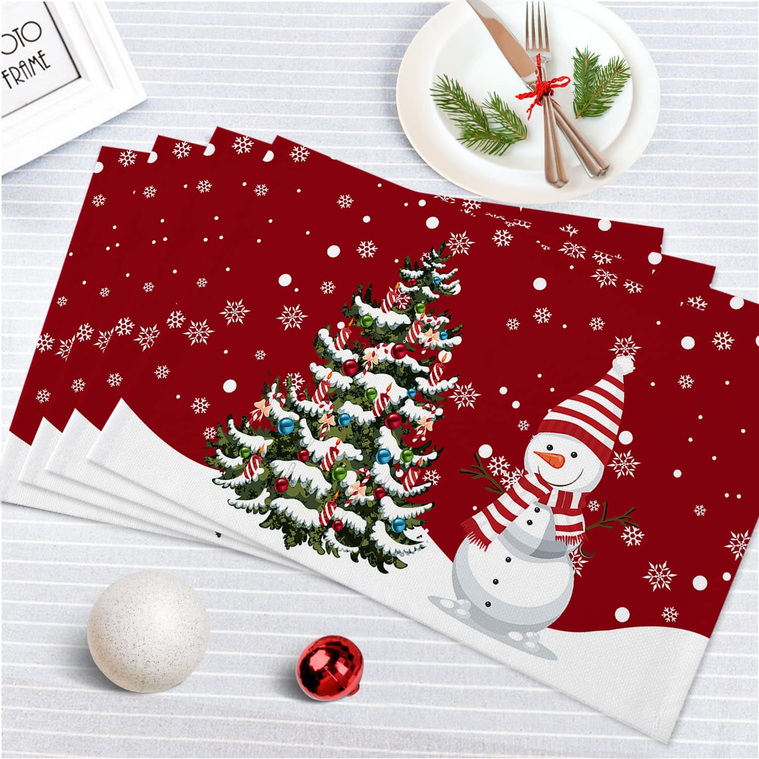 Festive Snowman Placemats Set of 6 - Waterproof Non-Slip Holiday Table Mats with Bell Tree & Snowflake Design for Christmas Dining, Kitchen Decor & Winter Party Decorations - Perfect for Holiday Gatherings, Family Dinners & Seasonal Home Decor