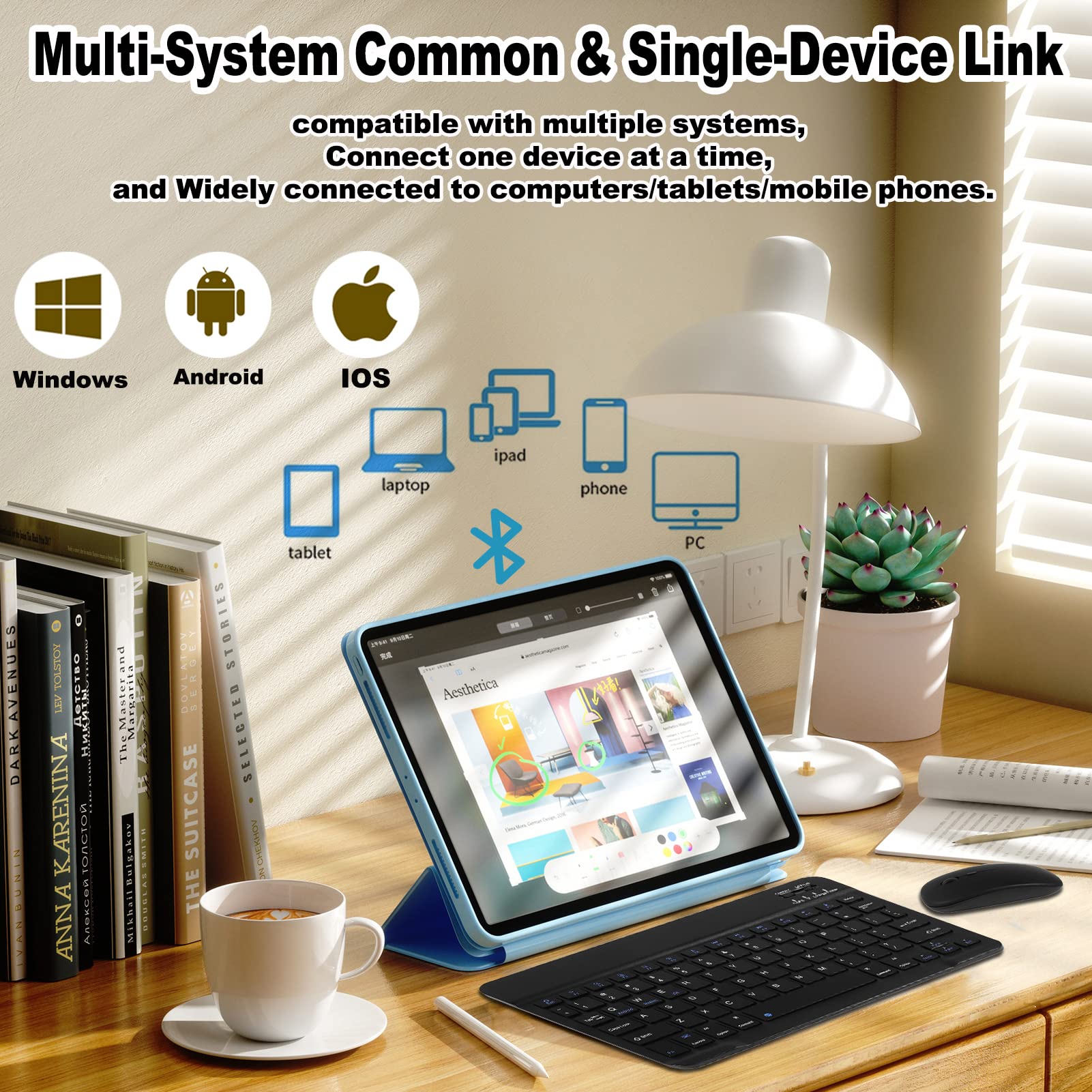 Bluetooth Wireless Keyboard and Mouse Set - Rechargeable, Compact, Silent for Computer, Laptop, iPad, Tablet, Mac, Windows, Android - Perfect for Office, Home, Travel (Black Square Key Design)