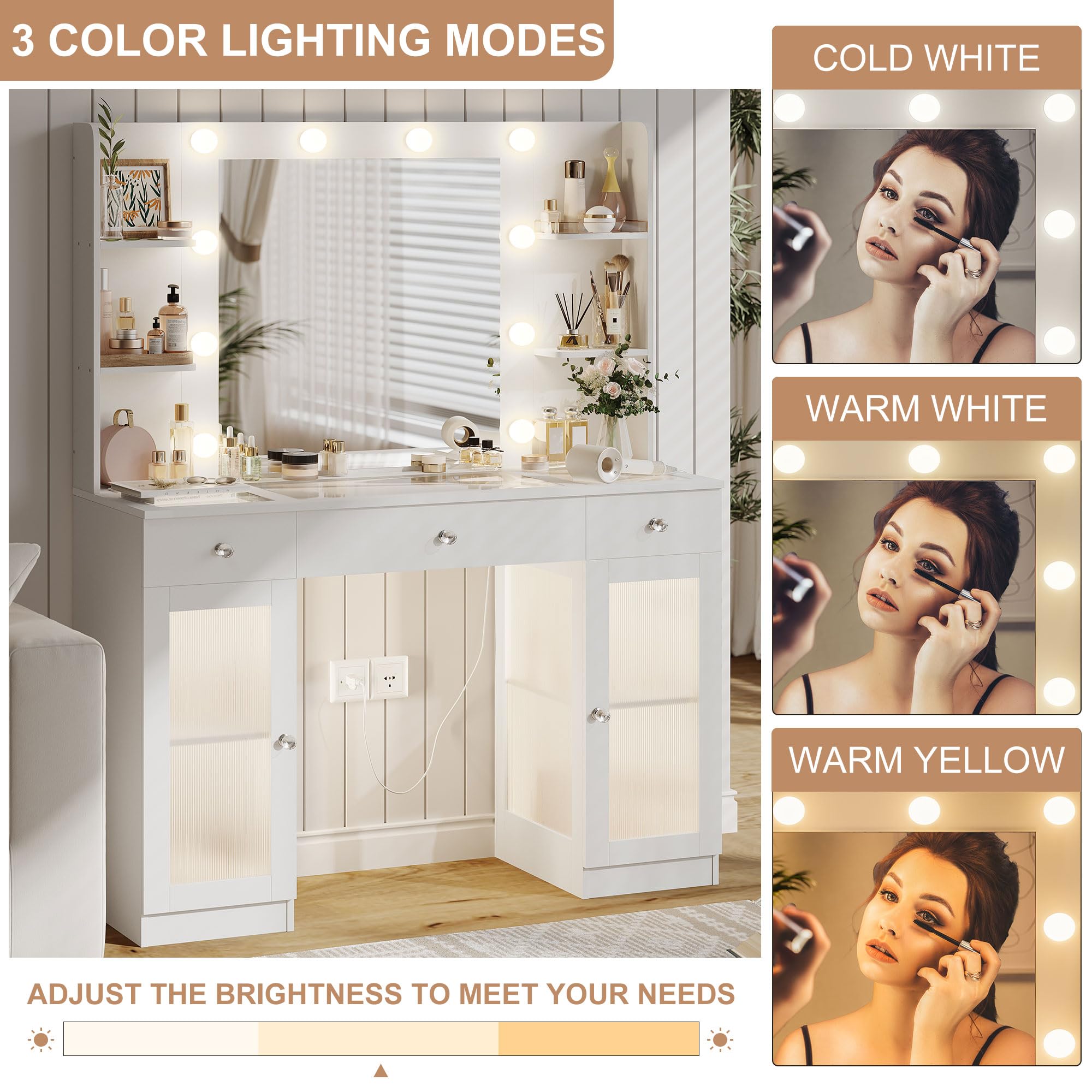 White Vanity Desk with Mirror & Lights - Makeup Vanity with Glass Top & Drawers for Bedroom, Perfect for Women & Girls