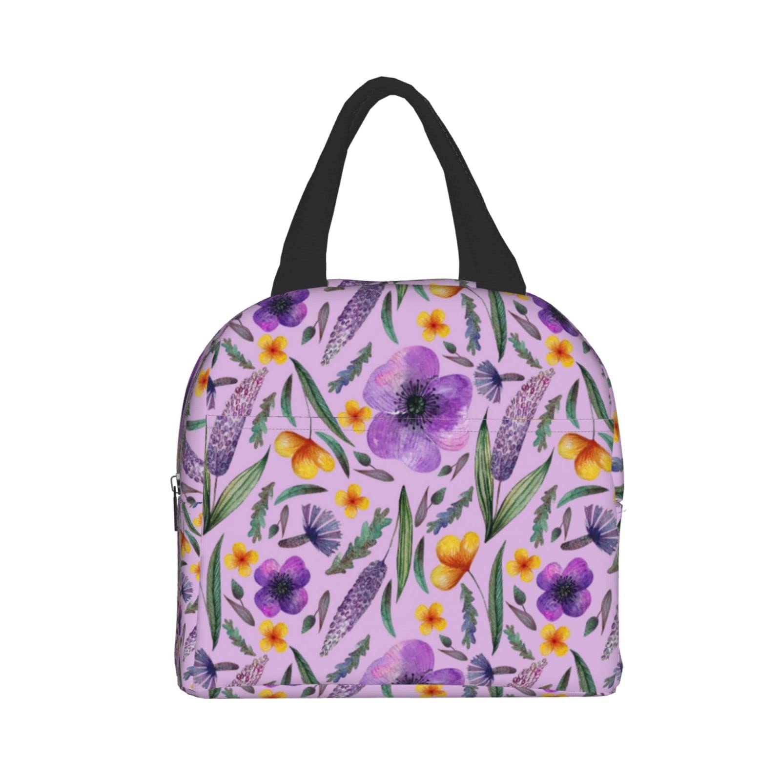 **Insulated Lunch Bag with Cute Flower Design - Purple Reusable Lunch Box for Men & Women, Perfect for Work, Travel, Picnic & Outdoor Activities**