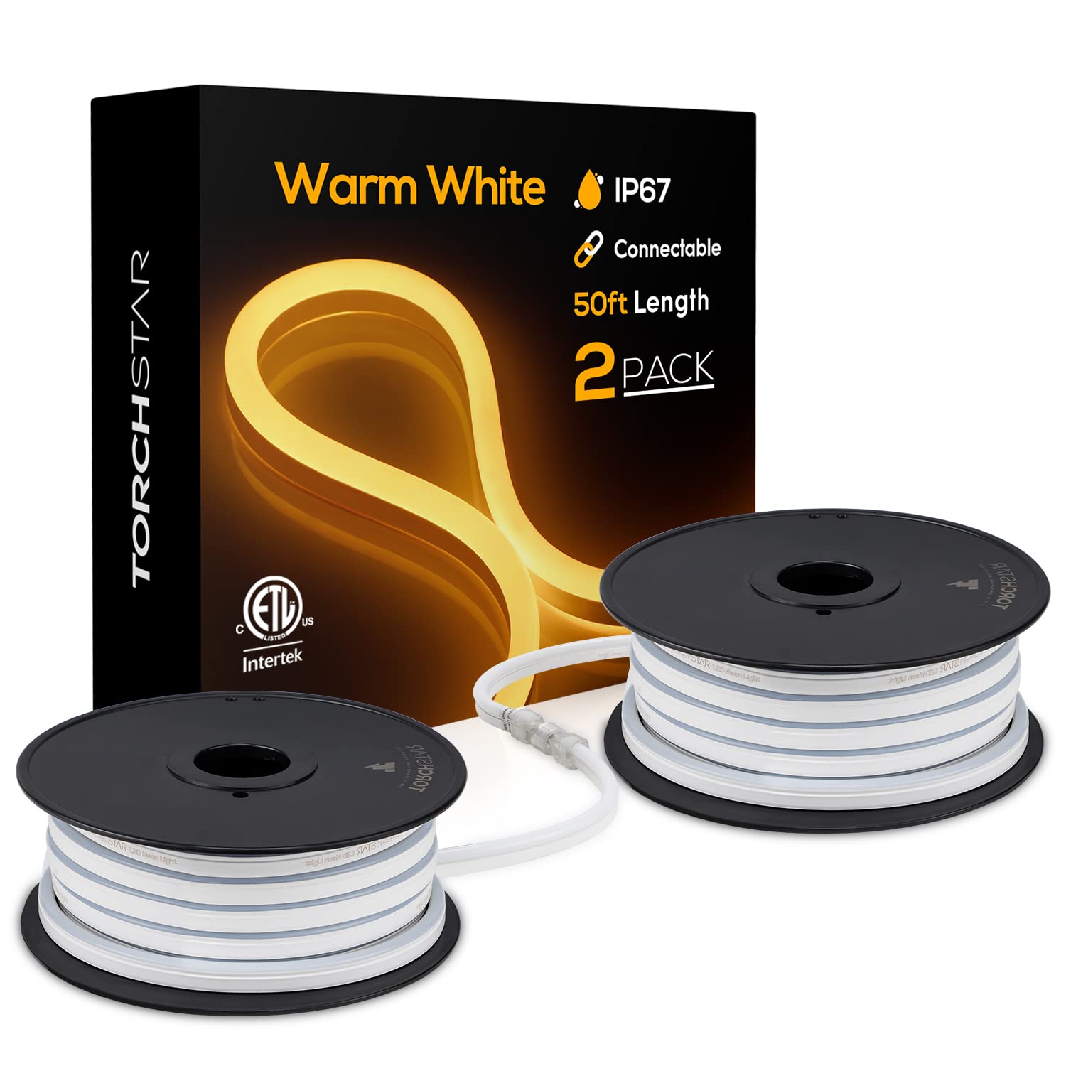 TORCHSTAR Premium 50ft LED Neon Rope Lights - Flexible Waterproof Outdoor String Lights for Party, Wedding & Home Decoration | IP67 Rated, 120V UL Plug, ETL Listed Connectable Neon Strip (Warm White, Pack of 2) - Perfect for Bedroom, Patio, Christmas & Halloween Decor