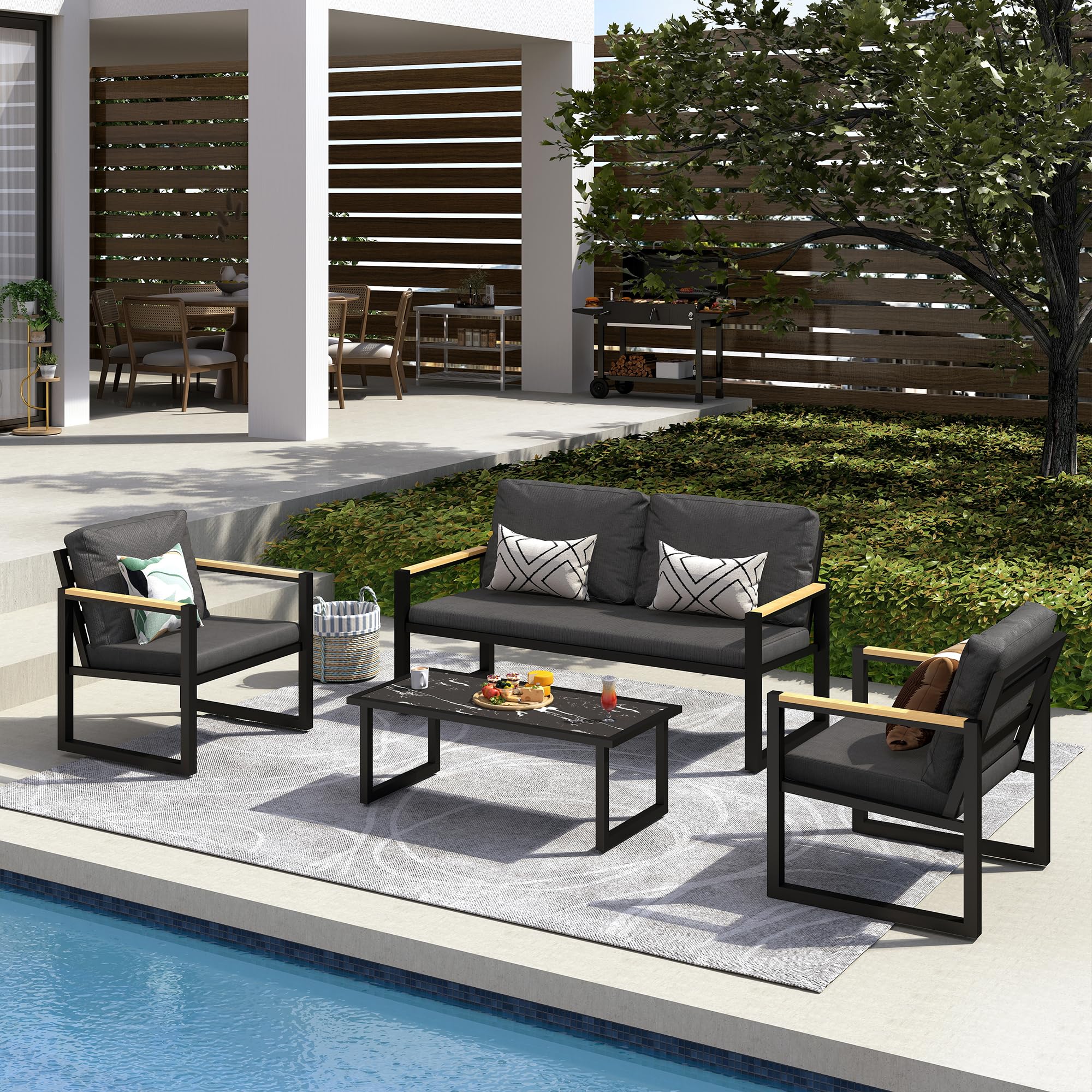 4-Piece Outdoor Patio Furniture Set - Aluminum Conversation Sofa with Coffee Table & Cushioned Chairs - Durable Garden, Backyard, Porch, Lawn, Poolside & Deck Set for Relaxing & Entertaining