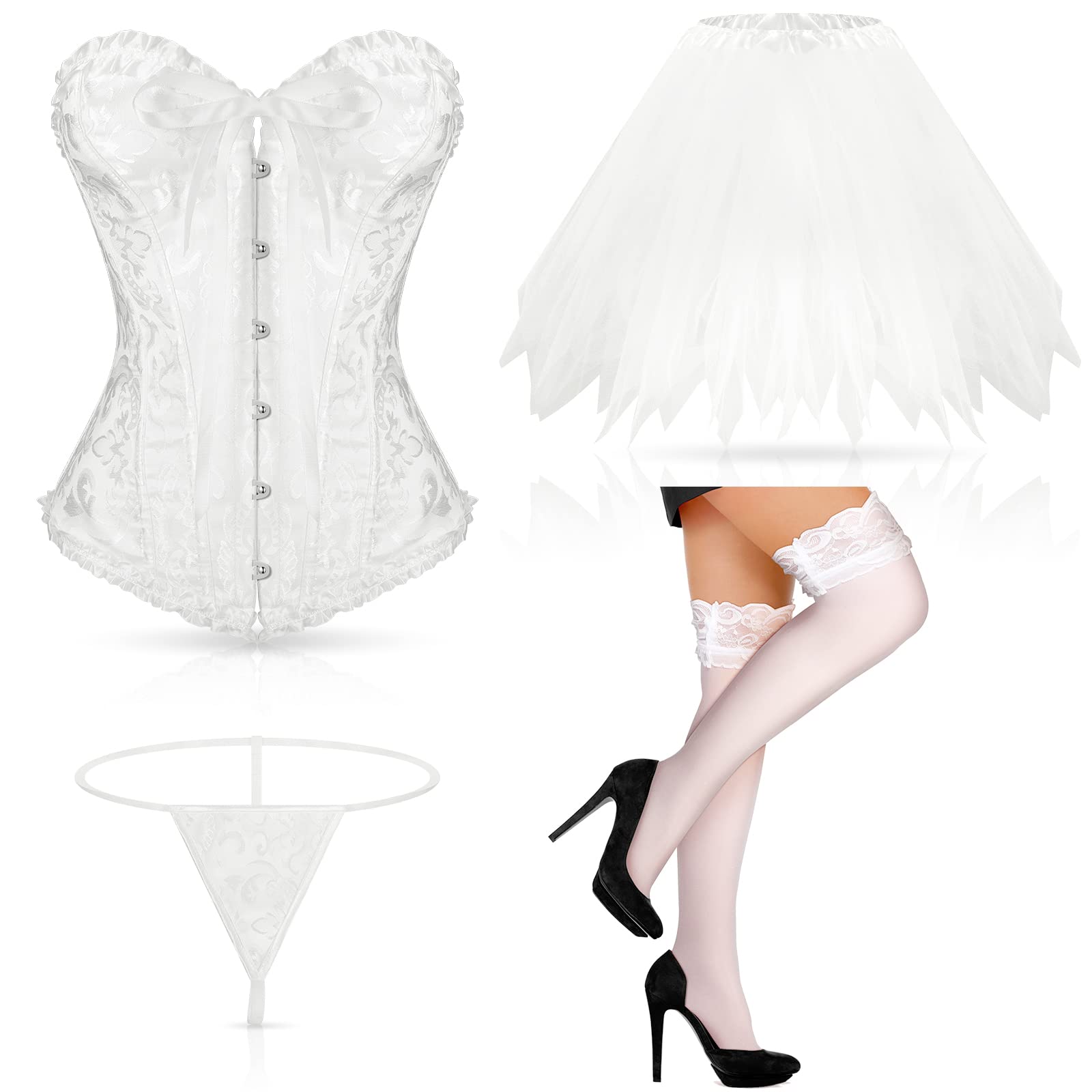 Vintage Halloween Costume for Women - Retro Lace Corset, Floral Bustier, Ballet Tutu Skirt & Lace Stockings Set | Gothic Burlesque, Cosplay, Boudoir Photography, Halloween Party Outfit