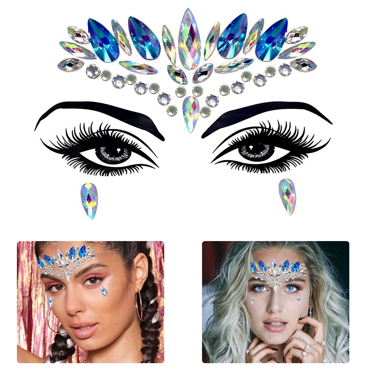 MAYCREATE® Rhinestone Face Gems - Self-Adhesive Face Jewelry Stickers for Women & Girls | Mermaid Tears Crystal Makeup Decor for Parties, Festivals, Raves & Cosplay (Blue) - Perfect for Halloween, Music Festivals and Special Events