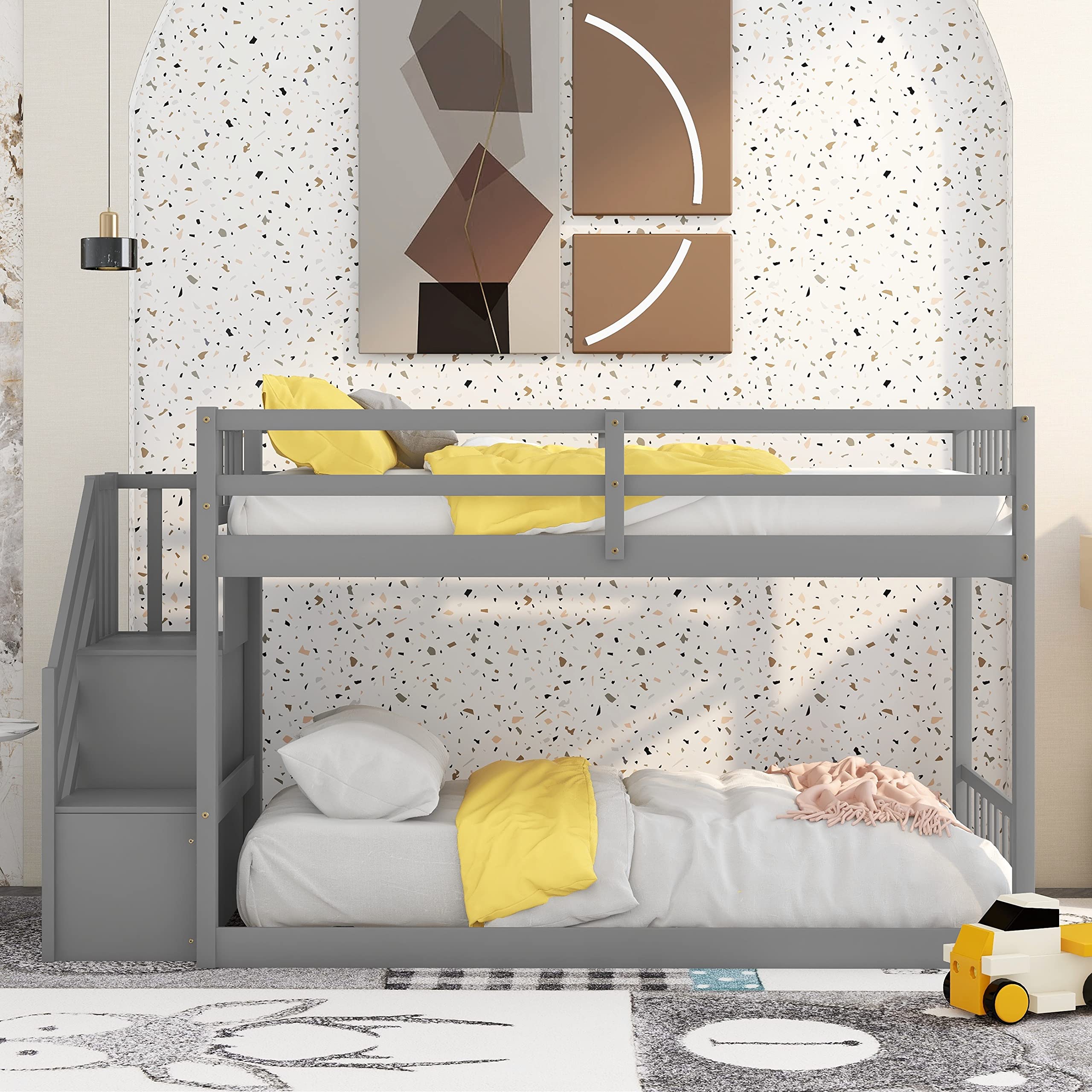 Harper & Bright Designs Twin Over Twin Wooden Low Bunk Beds for Kids & Toddlers with Storage Shelf & Stairs - Space-Saving Grey Floor Bunk Bed for Small Bedrooms, Shared Kids Rooms & Vacation Homes