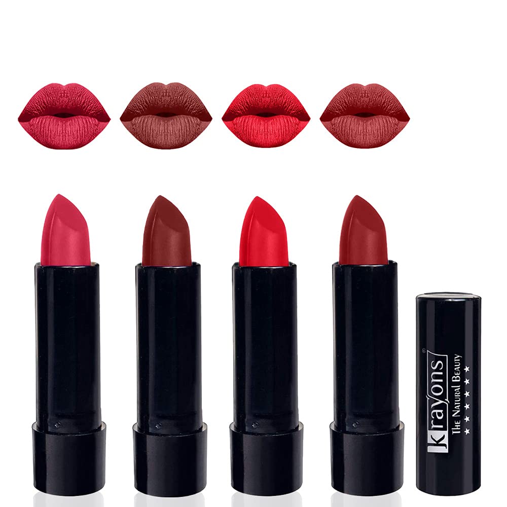 Krayons Cute Pop Moisturizing Matte Lipstick - Long Lasting, Waterproof, Non-Drying, 3.5g Each (Pack of 4) - Perfect for Everyday Wear, Date Night & Special Occasions