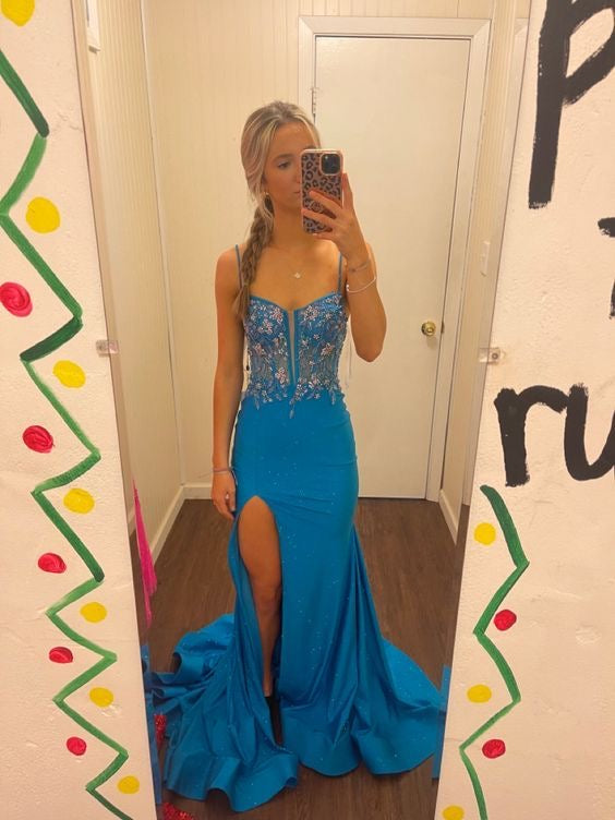 Elegant Blue Mermaid Prom Dress with High Slit - Formal Evening Gown for Homecoming, Pageants & Special Occasions (Style J3206)