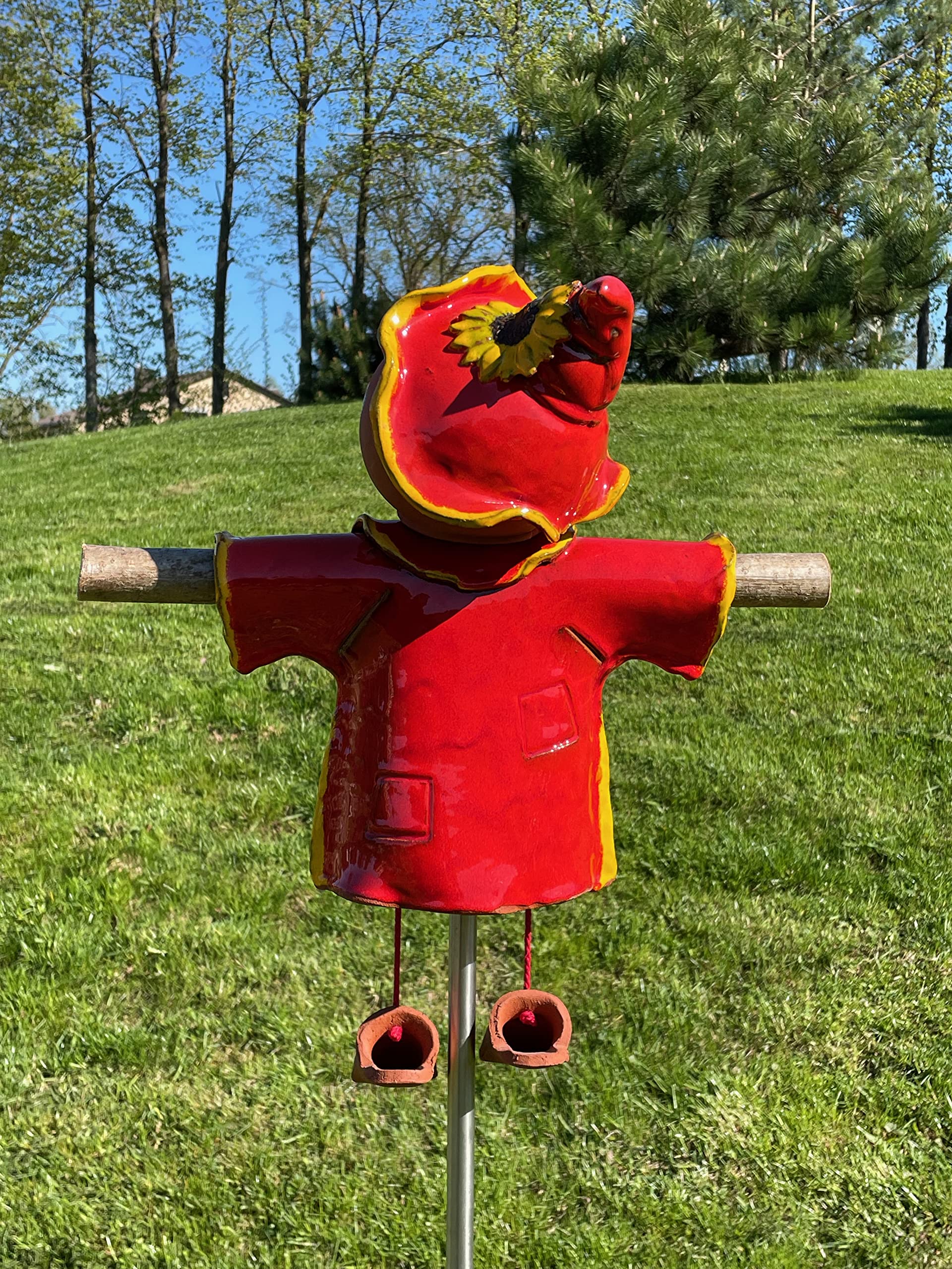Handmade Frostproof Ceramic Scarecrow Lawn Stake - Red Outdoor Garden Decor Statue - Unique Gift for Gardeners (Men & Women) - Perfect for Yard, Patio & Seasonal Home Decoration