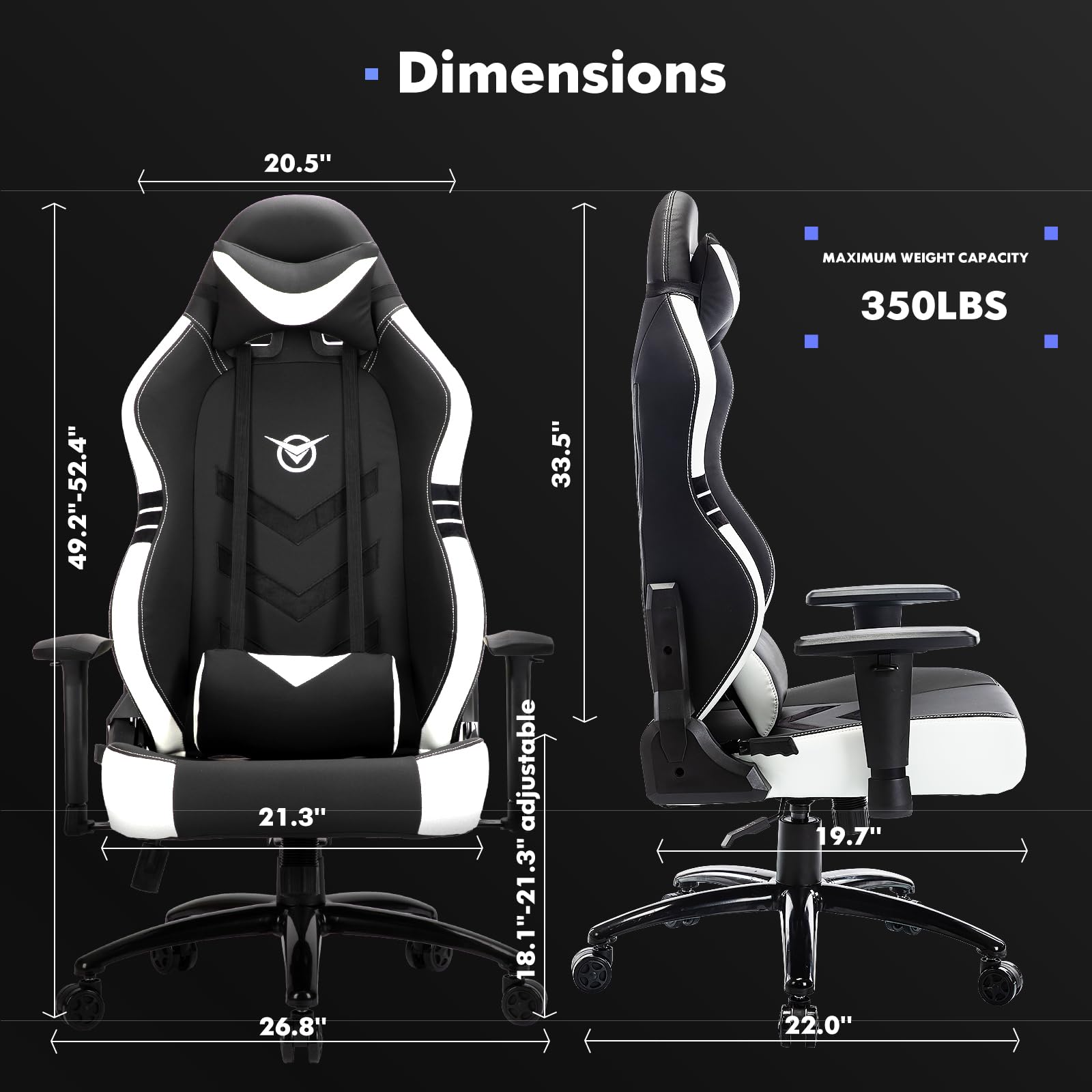 Big and Tall Gaming Chair 350lbs - Heavy Duty Ergonomic Racing Office Chair with Wide Seat, Reclining Backrest & Adjustable Armrests - Perfect for PC Gaming, Streaming & Home Office (Black/White)