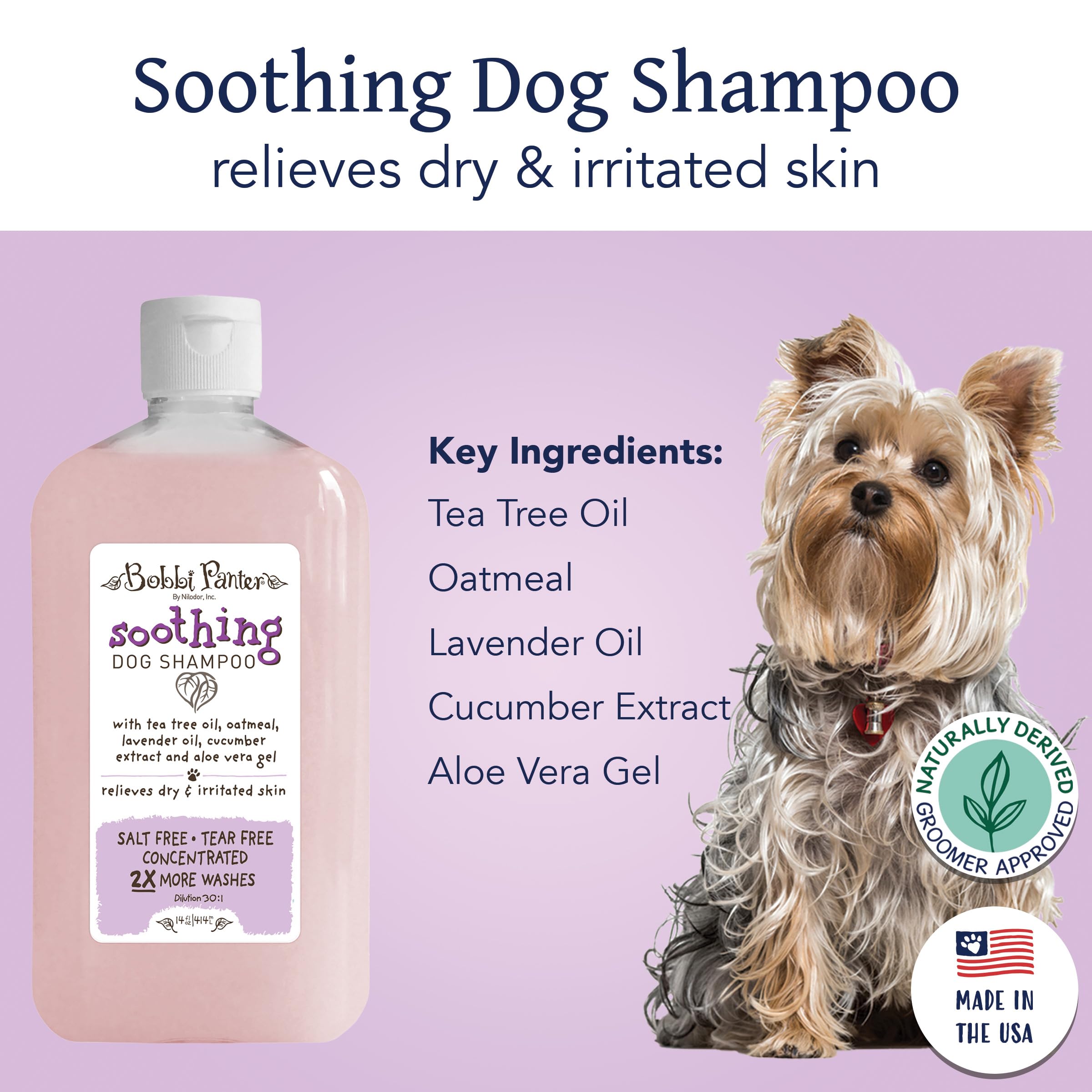 Bobbi Panter Soothing Dog Shampoo for Sensitive Skin - Lavender Scented 30:1 Concentrated Formula | Heals & Calms Irritated Skin | Made in USA | Professional Groomer Recommended | 14 oz | Perfect for Bathing Dogs with Allergies, Dryness & Skin Conditions