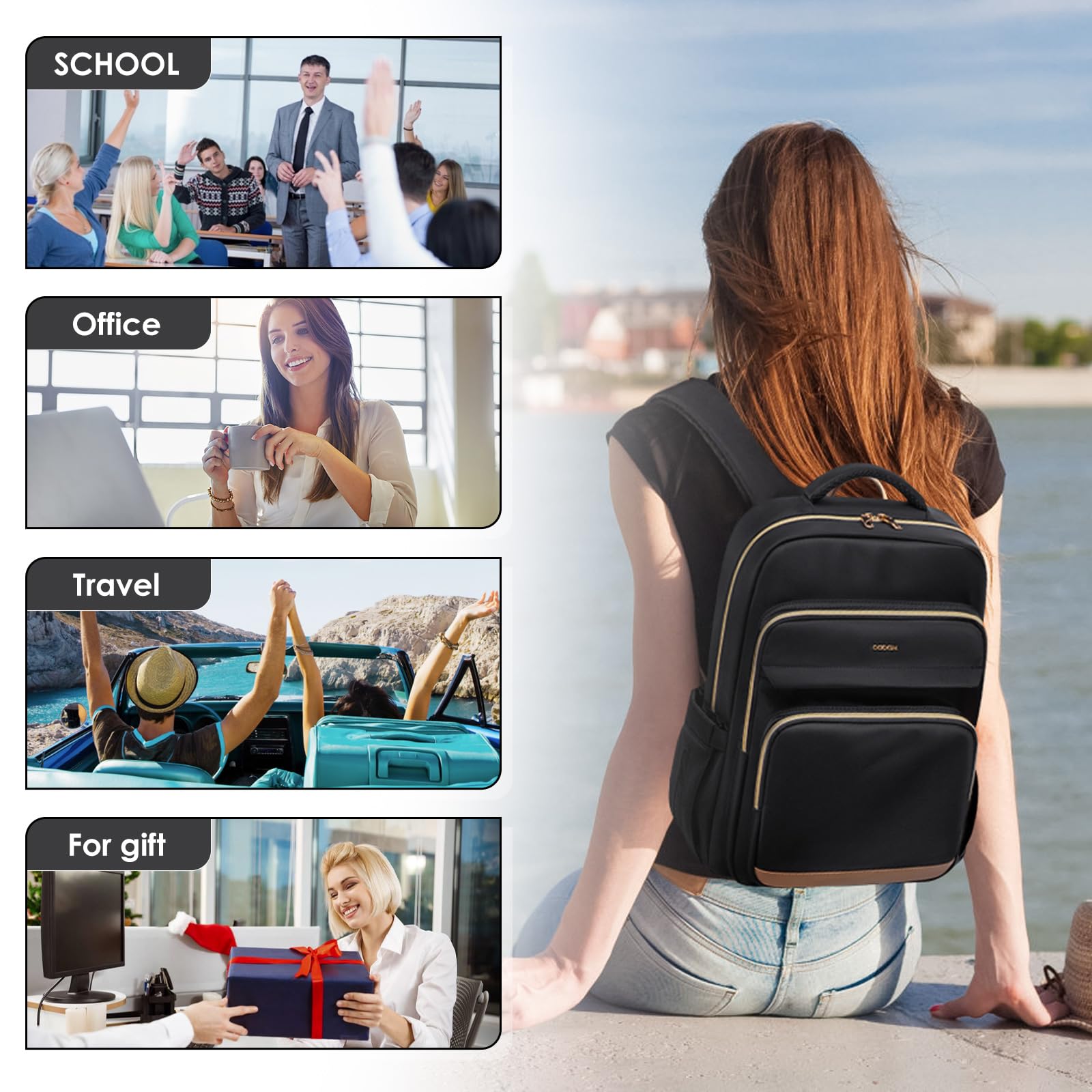 MDODO 15.6 Inch Travel Laptop Backpack for Business & College - Water Resistant Work Backpack with USB Charging Port & Laptop Compartment - Perfect for Commuting, Air Travel & School Use (Black)
