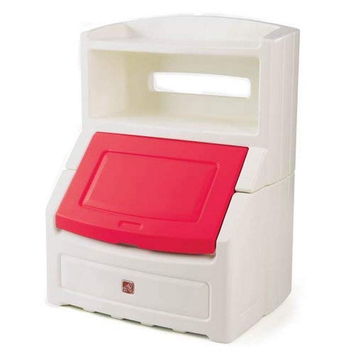 Step2 Lift and Hide Kids Bookcase Storage Chest - Durable Plastic Toy Box & Bookshelf Organizer for Bedroom, Playroom or Classroom - White/Red