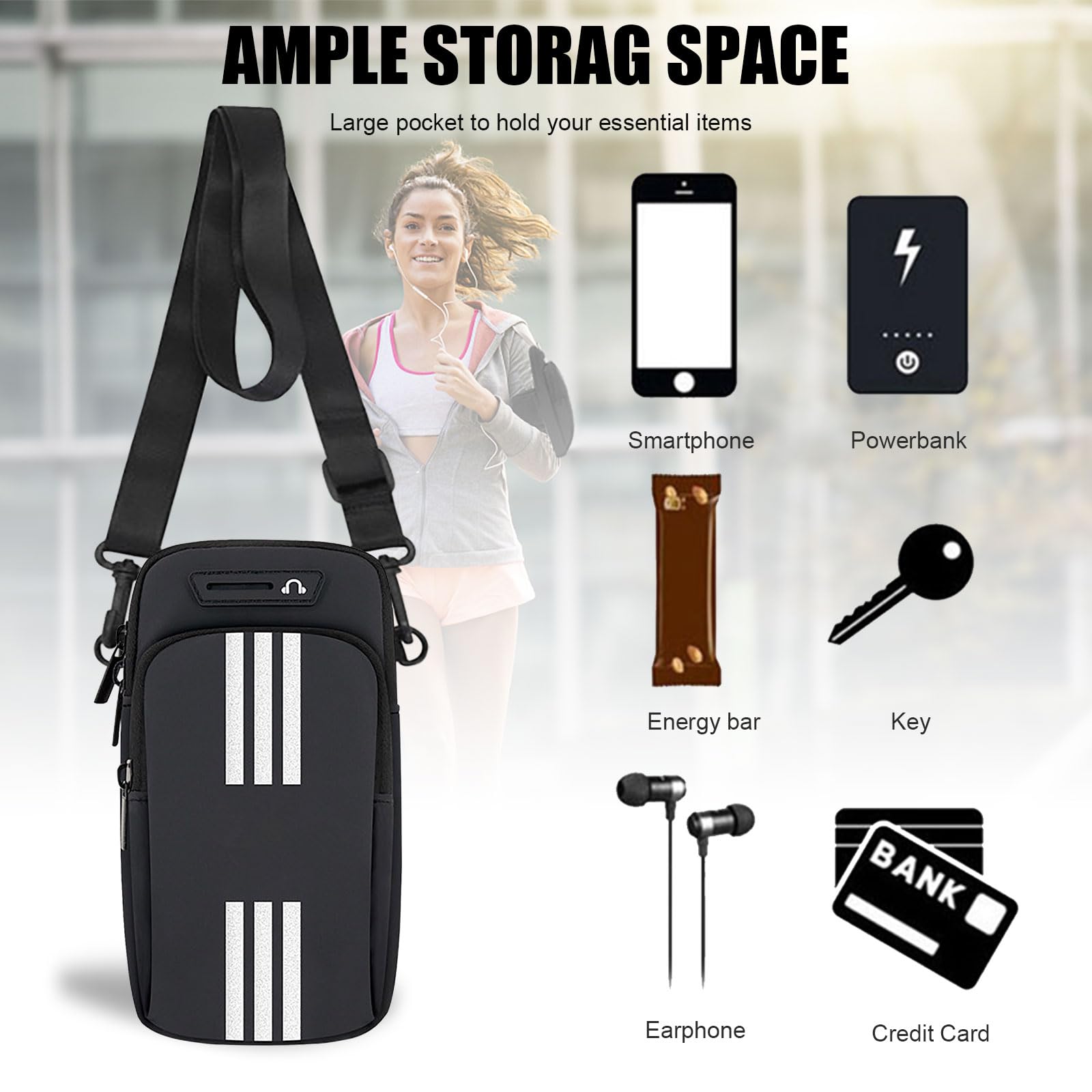 Running Armband Phone Holder for iPhone 16/15/14/13/12/11 Pro Max/Xs/XR/X/8/7 Plus/SE & Galaxy S25/S24/Ultra/Note - Adjustable Crossbody Pouch for Women Men Kids - Perfect for Jogging, Gym Workouts & Outdoor Activities (Black)