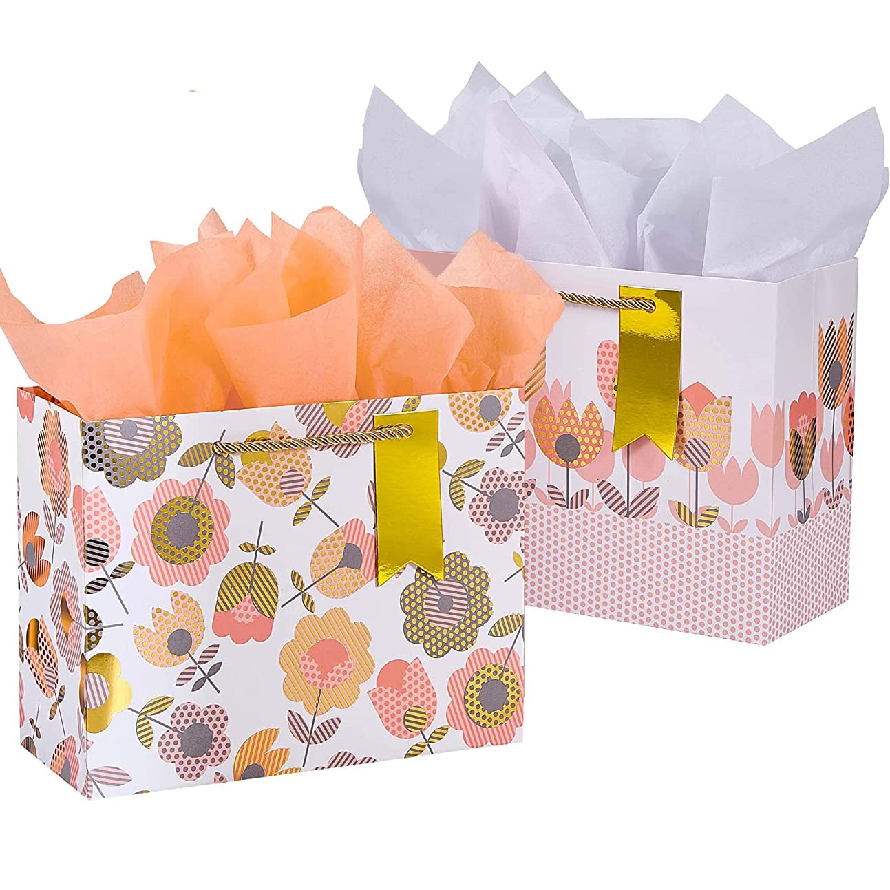 SUNCOLOR 2-Pack 9 Inch Small Gift Bags with Tissue Paper for Women - Floral Tulip Design | Perfect for Birthday, Wedding, Baby Shower & Party Favors