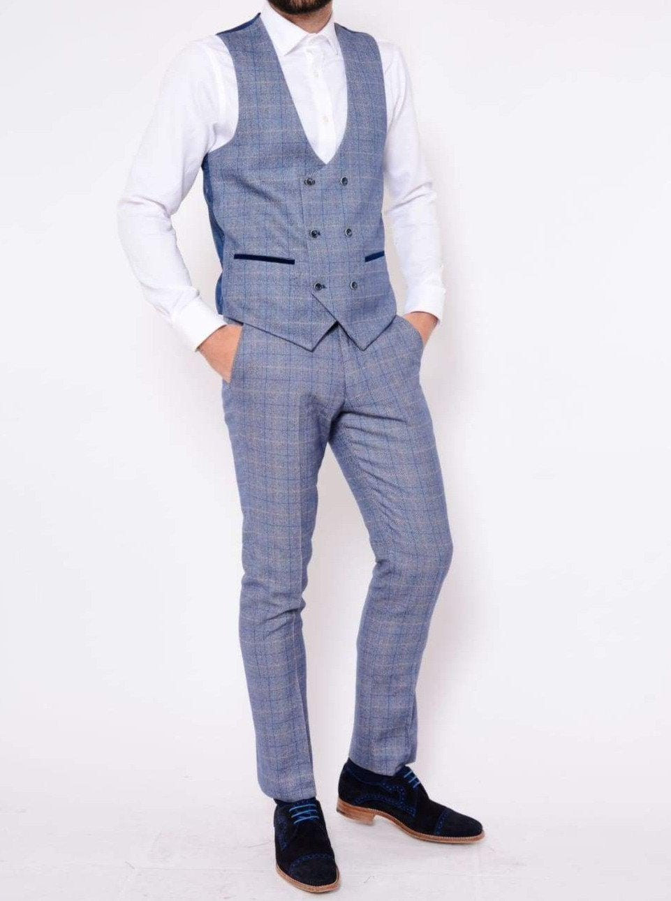 Marc Darcy Hilton Blue Tweed Check Double Breasted Waistcoat for Men - Elegant Formal Vest for Weddings, Business & Special Occasions