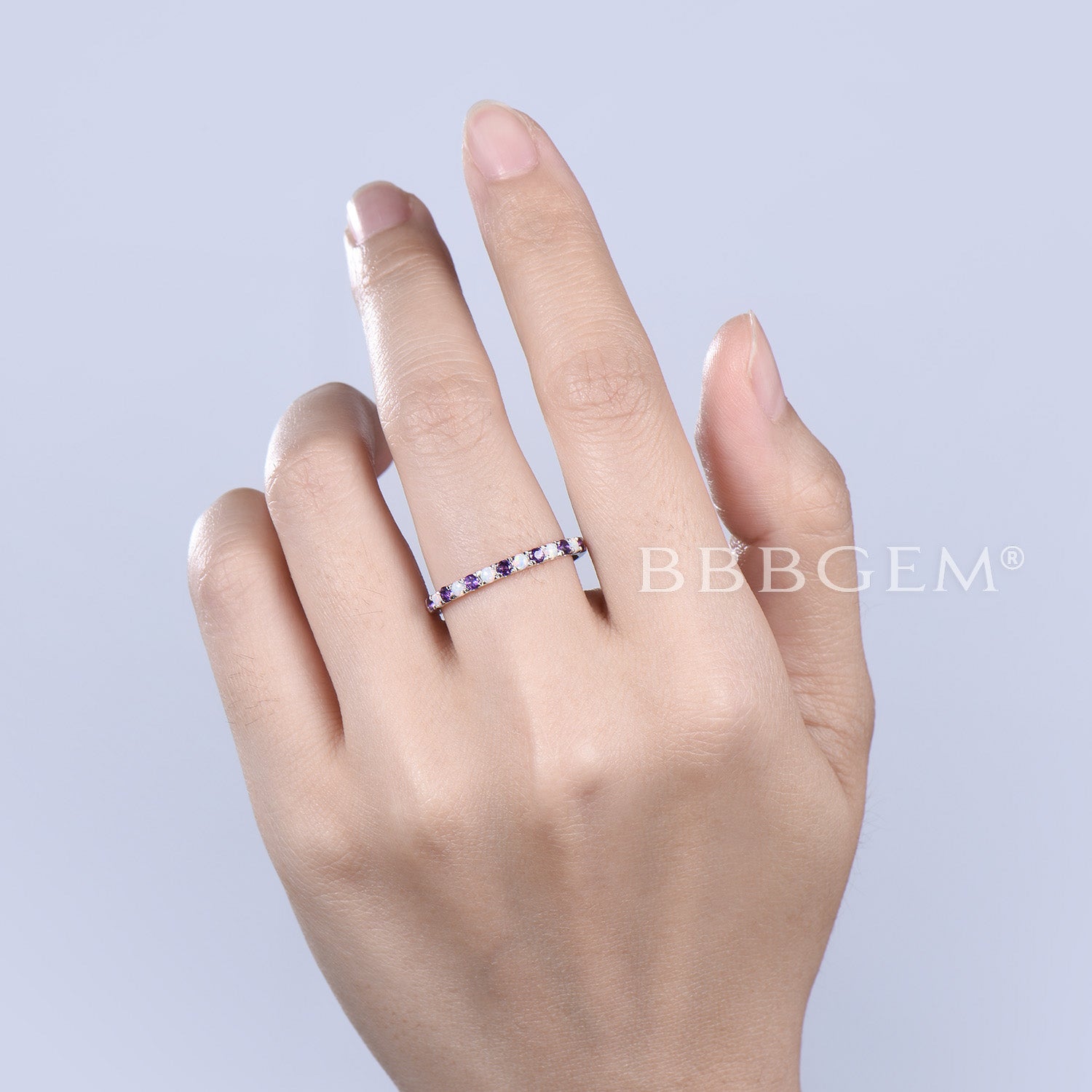 Opal Amethyst Wedding Band Ring - Half Eternity Stackable Ring for Women - 925 Sterling Silver Anniversary Gift for Her - Perfect for Bridal Jewelry, Stacking Rings & Special Occasions