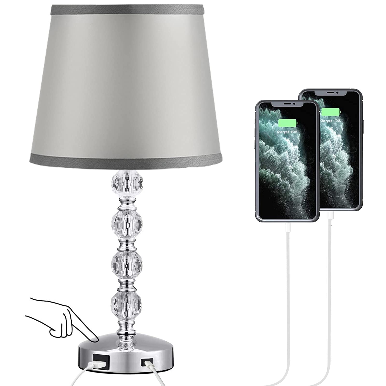 USB Crystal Touch Control Table Lamp - 3-Way Dimmable Nightstand Light with Grey Fabric Shade, LED Bulb Included for Bedroom, Living Room, Office & Dorm | Perfect for Reading, Relaxing & Ambient Lighting