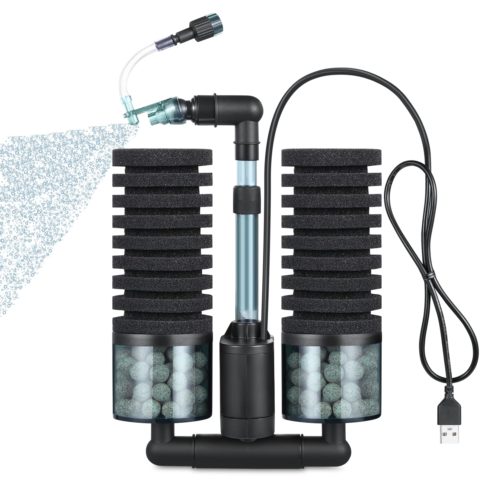 Ultra Quiet Aquarium Sponge Filter Bubbler with Water Pump & Ceramic Balls - 15-50 Gallon Fish Tank Filter for Shrimp Breeding, Tropical Fish Tanks & Freshwater Aquariums