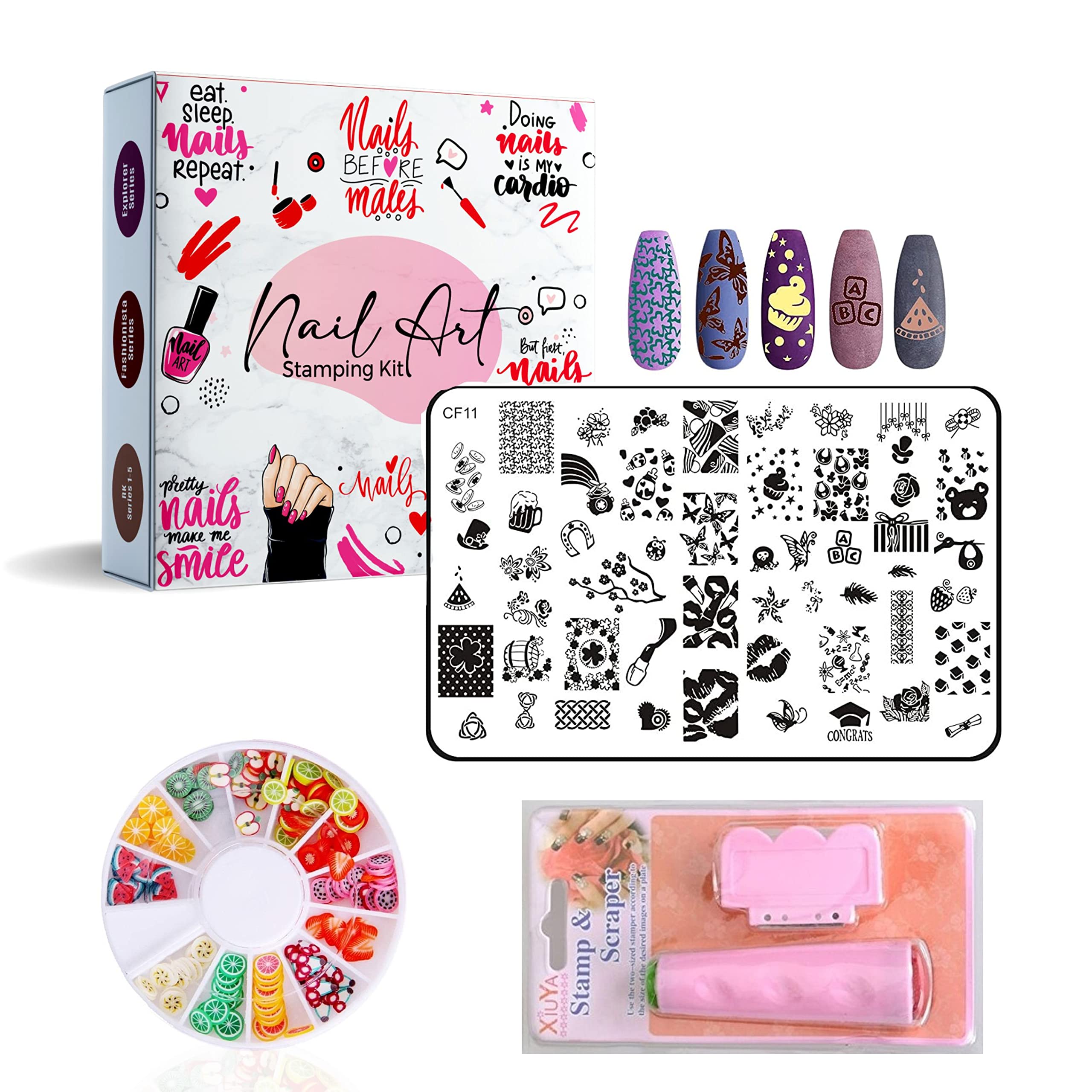 RoyalKart Nail Art Stamper Kit - Professional Nail Stamp Set with Stamper, Scraper & Accessories for DIY Manicure - Perfect for Home Salon, Nail Parties & Gift Giving (CF11)