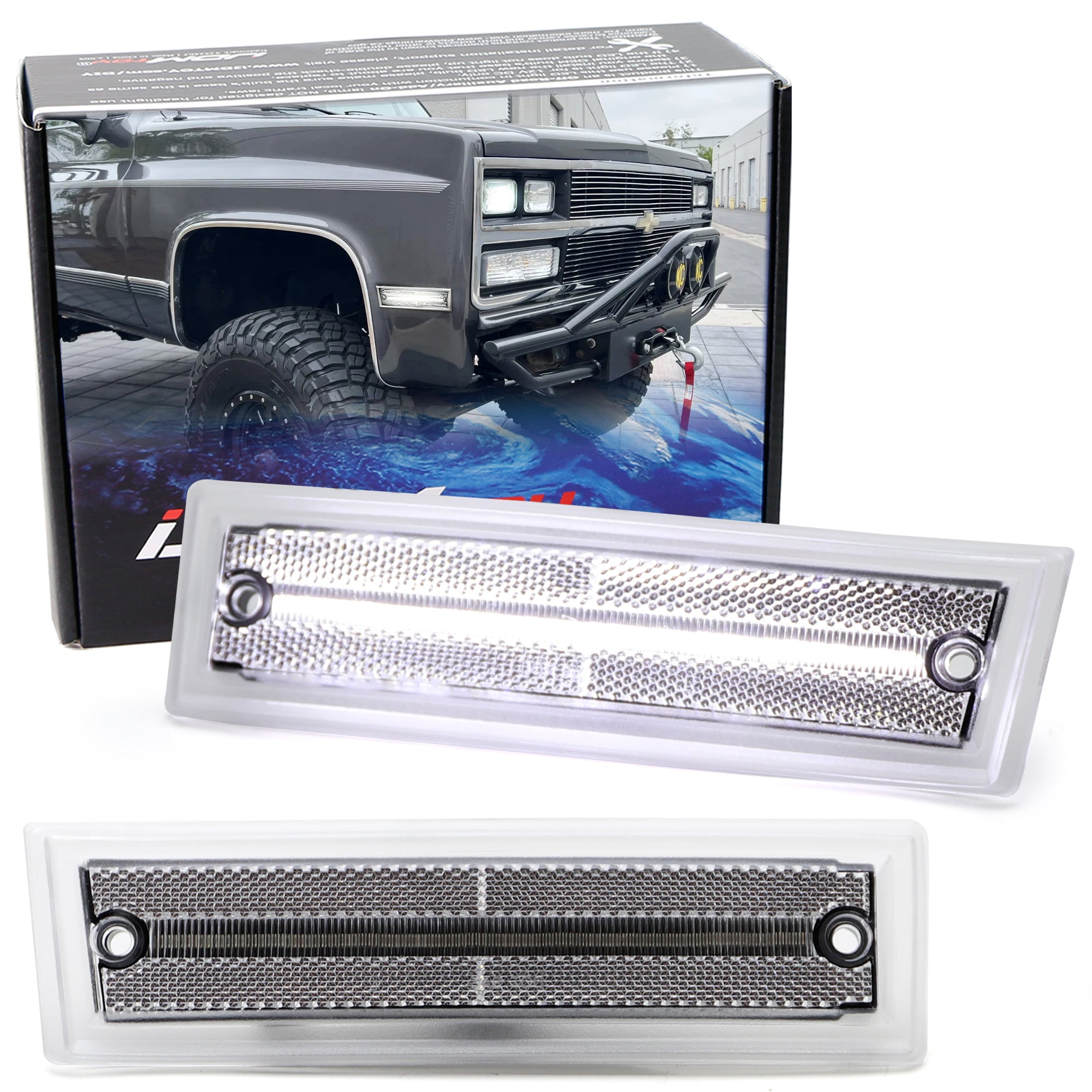 Clear Lens White Full LED Strip Side Markers for Chevy/GMC Blazer Jimmy CK C1500 - Durable & Bright Marker Lights for Enhanced Nighttime Visibility & Vehicle Safety