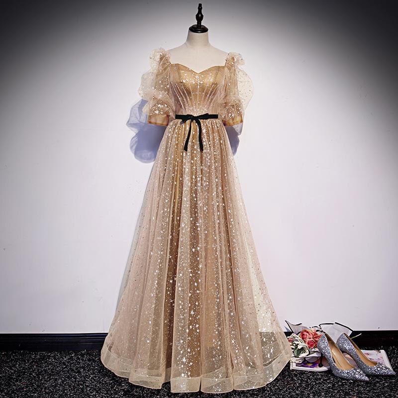 Elegant Gold Evening Formal Dress with Mid Sleeves - Sparkly Long Prom Gown for Women - Perfect for Prom, Homecoming, and Special Occasions