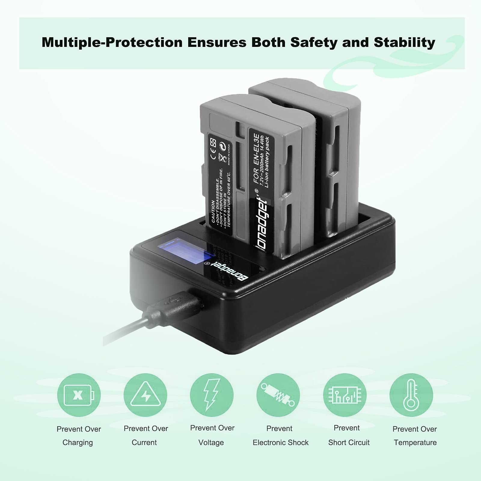 Bonadget 2 Pack 2000mAh EN-EL3 EN-EL3A Replacement Battery and LCD Dual Charger for Nikon D700 D90 D300S D300 D200 D80 D50 D70S D70 D100 D900 Digital Cameras - Perfect for Travel Photography & Professional Shooting