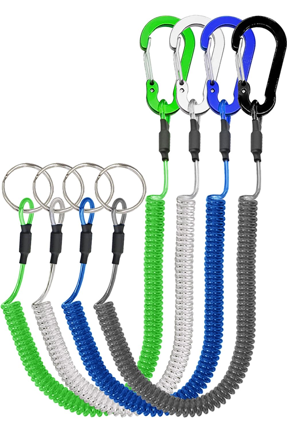 Lix&Rix Stretchy Coiled Lanyards for Keys, Tools & Fishing Equipment - Durable Retractable Keychain for Kayak Fishing, Pliers & Everyday Use (4/6pcs, Black/Blue/Green/Red/Yellow/Silver) - Perfect for Outdoor Activities, Work & Home Organization