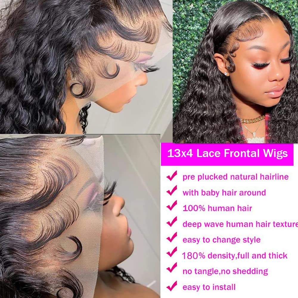 13x4 HD Lace Front Wigs Human Hair 180% Density Deep Wave - Natural Black 22 Inch Wet & Wavy Lace Wigs for Women | Perfect for Daily Wear, Parties & Special Occasions