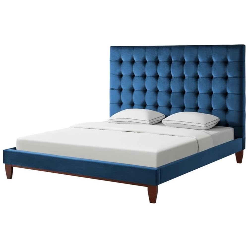 Blake Button-Tufted Velvet Queen Bed Frame - Luxurious Blue Upholstered Bed with Wooden Legs | Perfect for Master Bedroom, Guest Room & Modern Home Decor