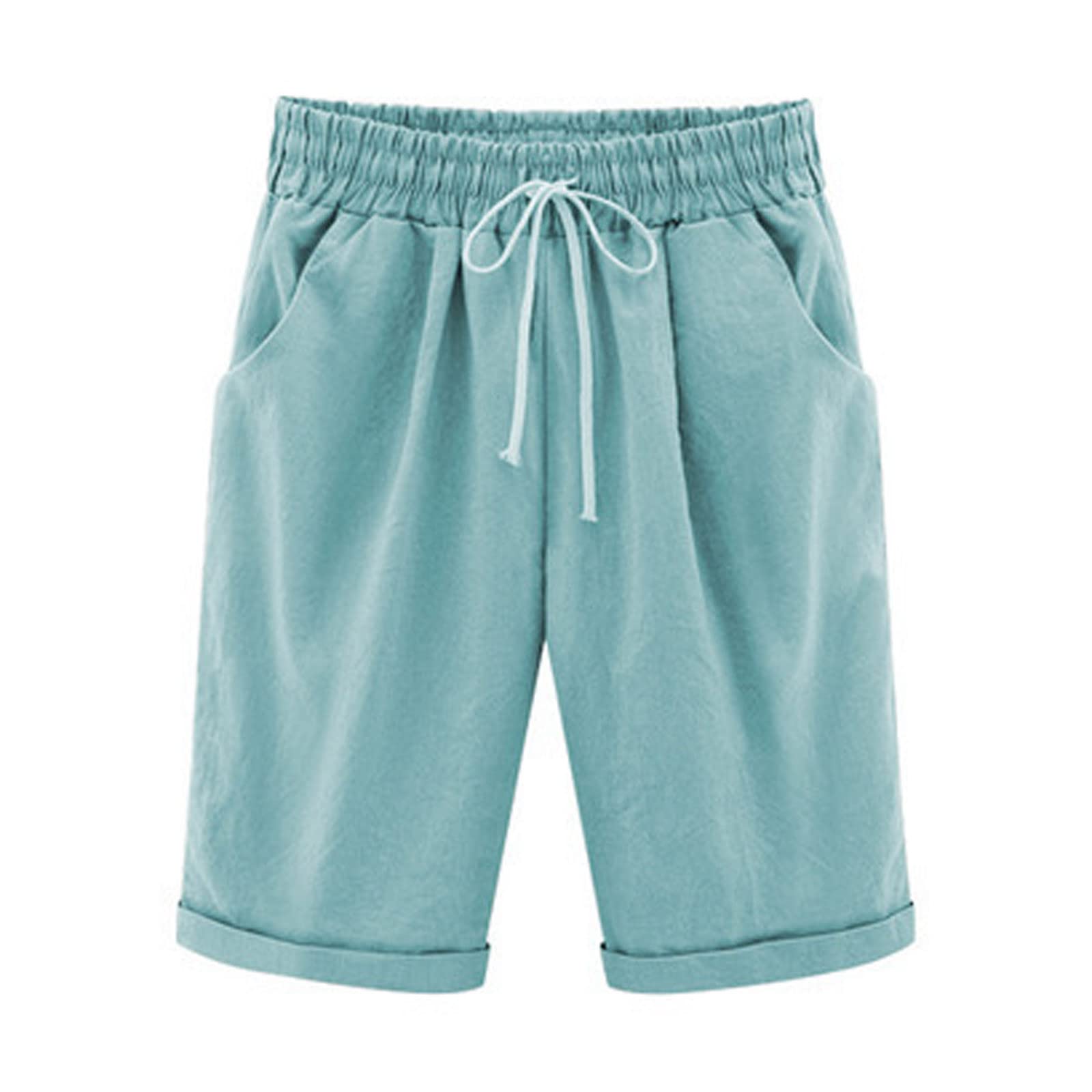 Women's Cotton Bermuda Shorts - High Waisted Drawstring with Pockets for Summer & Beach Vacations