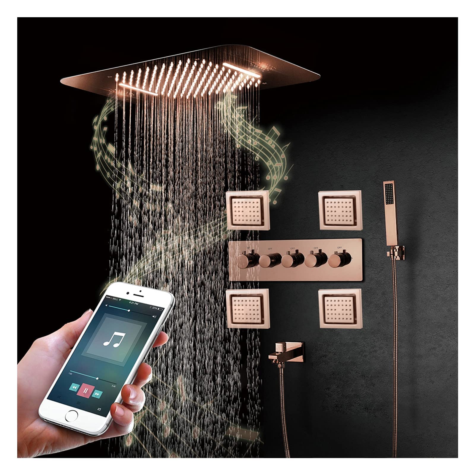 LUNEZY 64-Color LED Thermostatic Shower System - Rose Gold Shower Faucet Set with Rainfall Shower Head, Handheld Spray, Body Jets & Bathtub Faucet | Touch Screen Control | Perfect for Modern Bathrooms & Spa-Like Showers