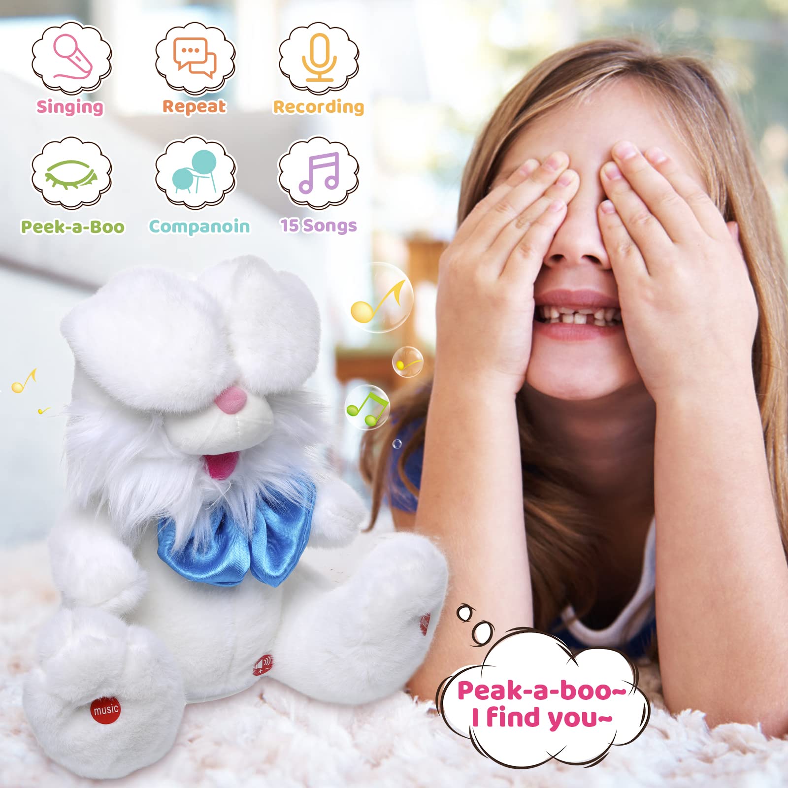 Emoin Easter Bunny Plush Toy - Interactive Talking & Singing Stuffed Animal with Floppy Ears, Soft Baby Toy for Toddlers 7-12 Months & 1-2 Year Olds (White) - Perfect Easter Gift, Birthday Present & Cuddly Companion for Playtime, Nursery Decor & Early Learning Development