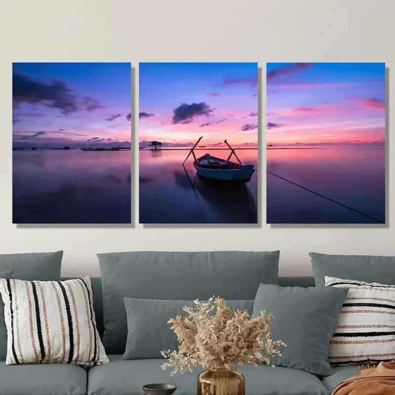 3-Piece Ocean Sunset Boat Cloud Purple Metal Wall Art - Ready to Hang Decor for Living Room, Bedroom & Office